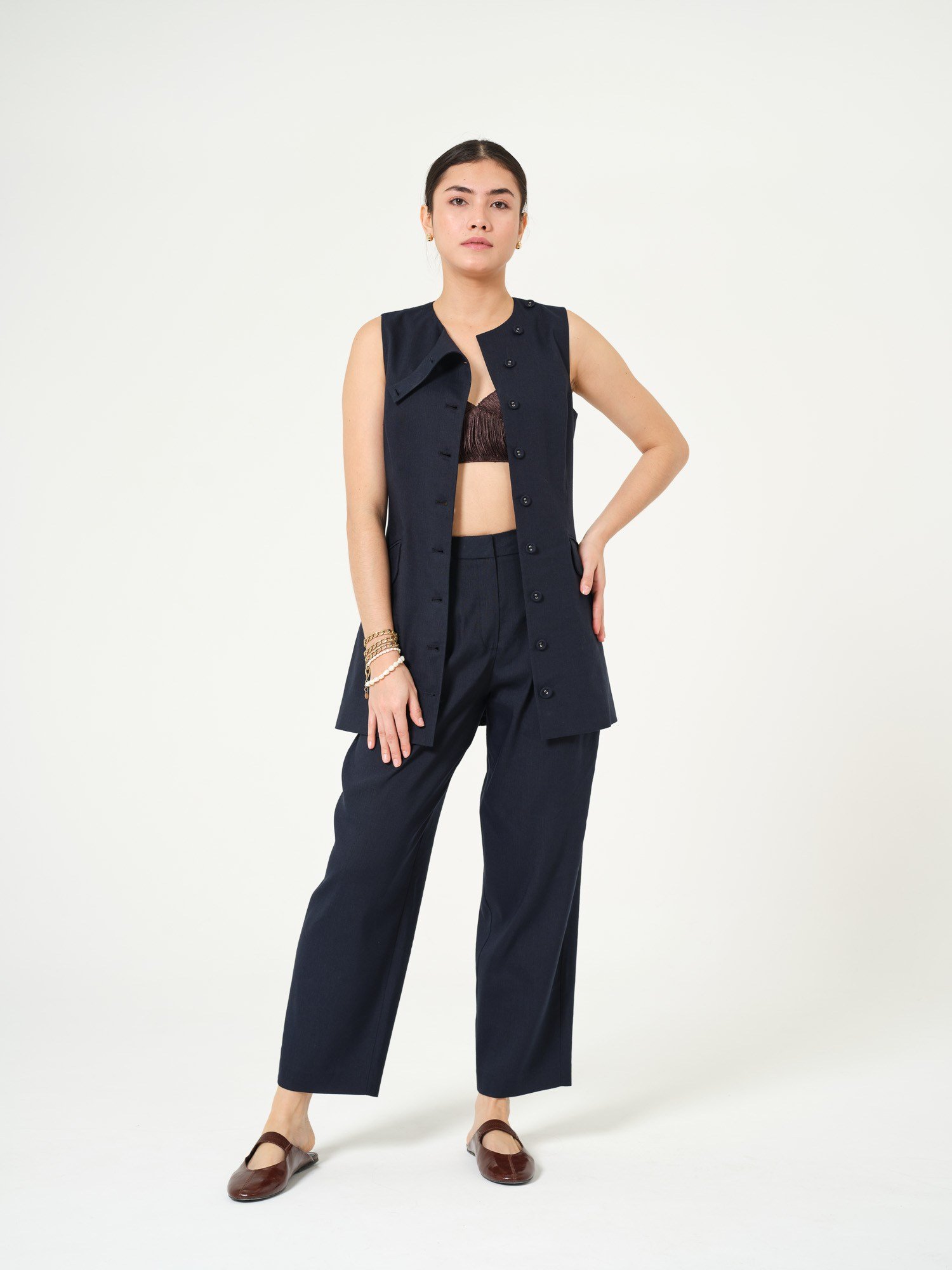 Piarbi Asimetrik Düğmeli Keten Elbise Yelek - Lacivert Premium Linen Karışımlı Short Dress Vest Tasarım