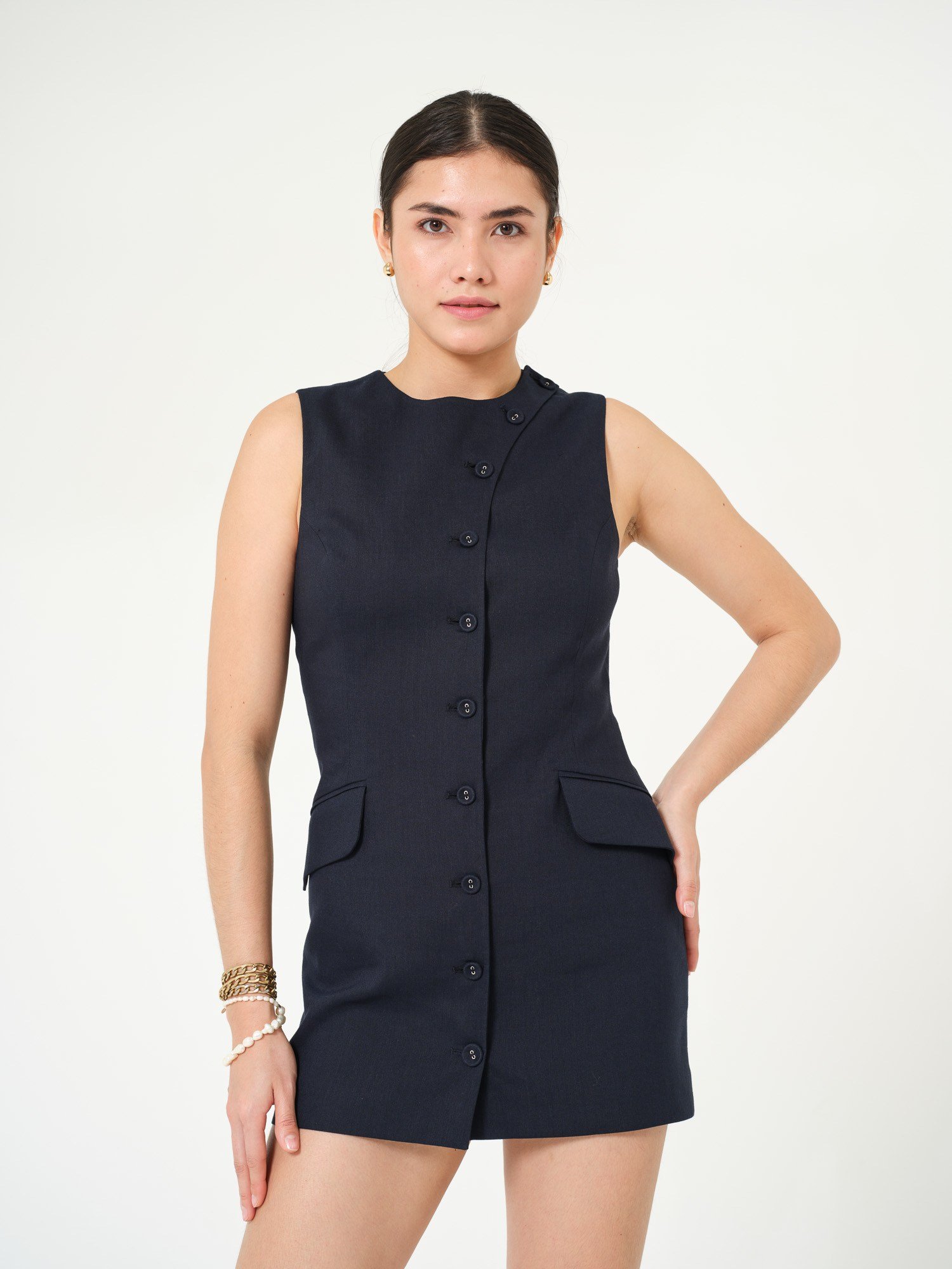 Piarbi Asimetrik Düğmeli Keten Elbise Yelek - Lacivert Premium Linen Karışımlı Short Dress Vest Tasarım