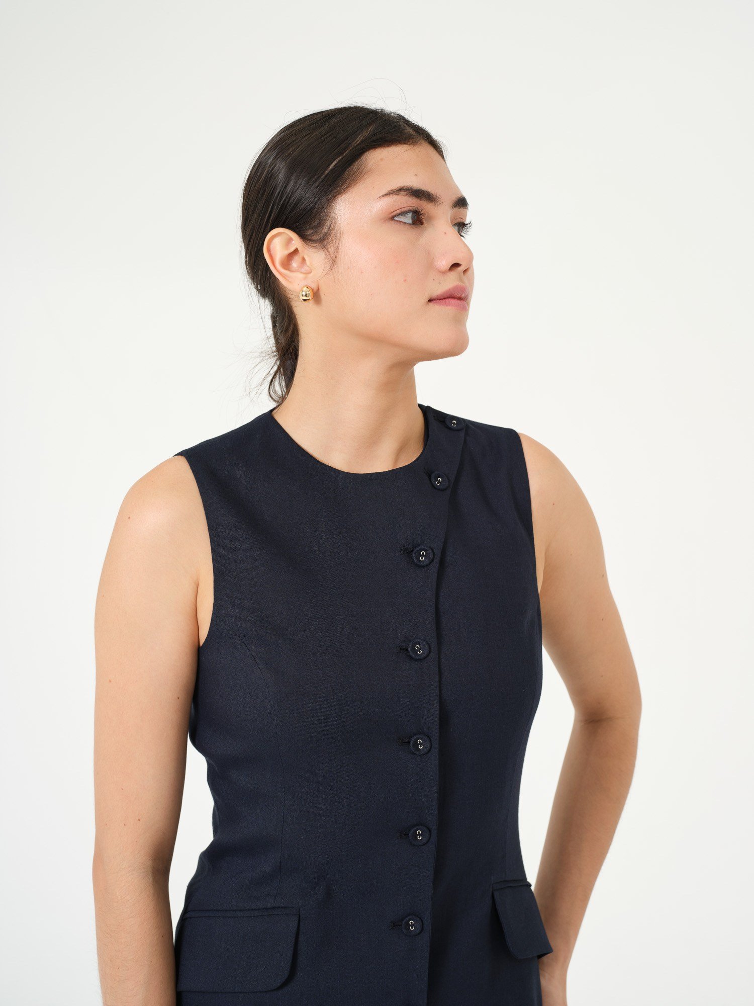 Piarbi Asimetrik Düğmeli Keten Elbise Yelek - Lacivert Premium Linen Karışımlı Short Dress Vest Tasarım
