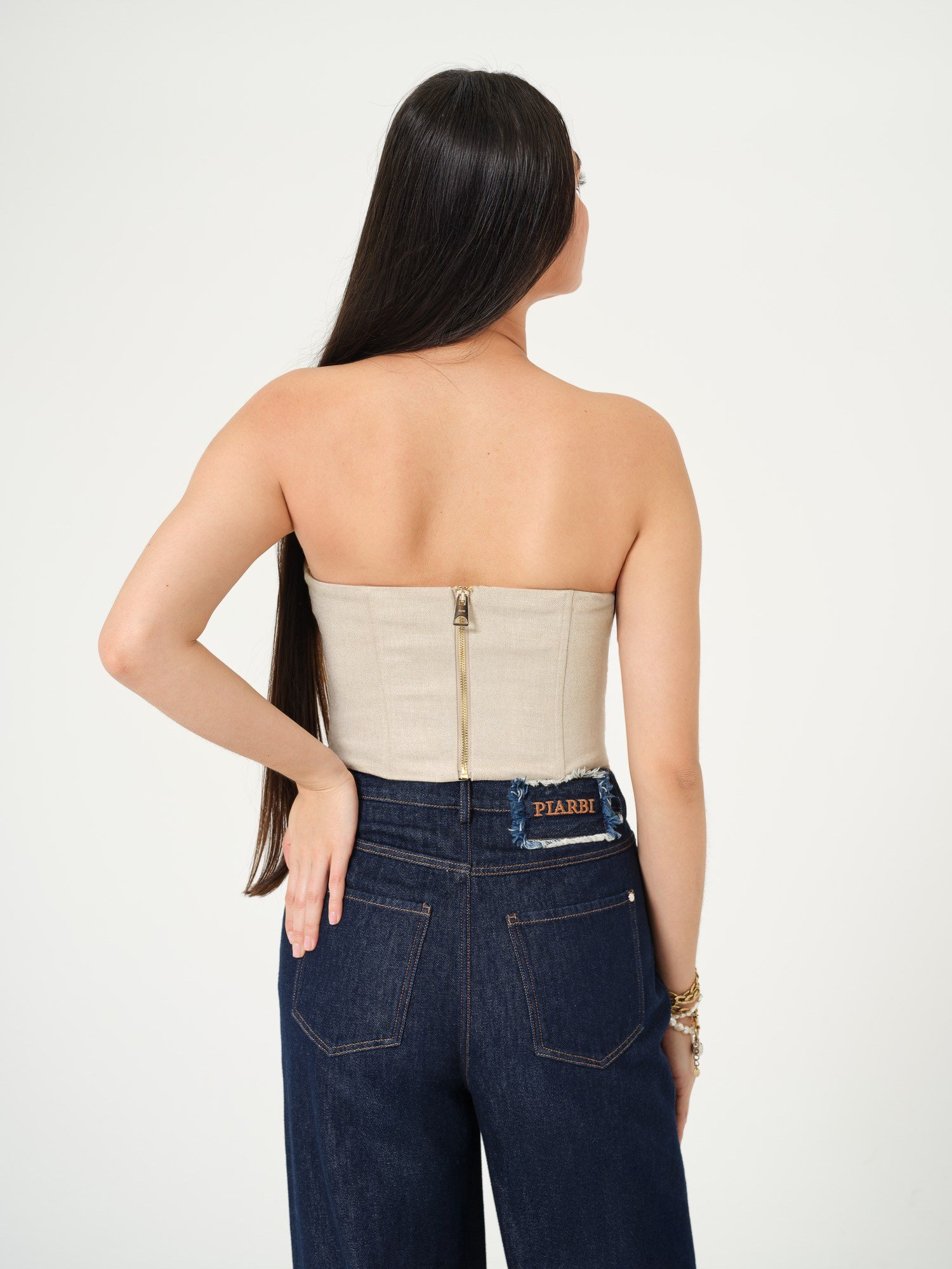 Piarbi Asimetrik Hacimli Straplez Bluz - Bej Keten Karışımlı Voluminous Strapless Top