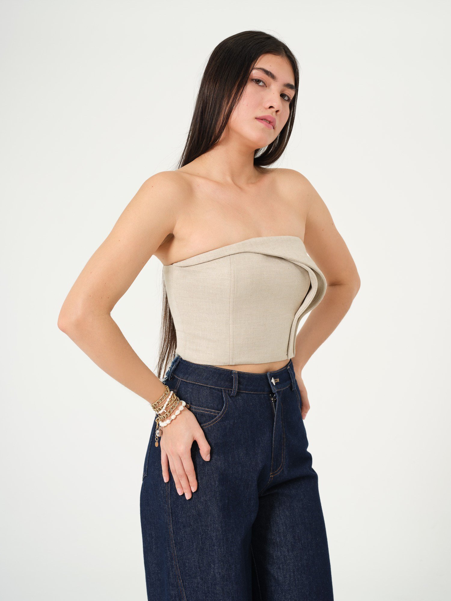 Piarbi Asimetrik Hacimli Straplez Bluz - Bej Keten Karışımlı Voluminous Strapless Top
