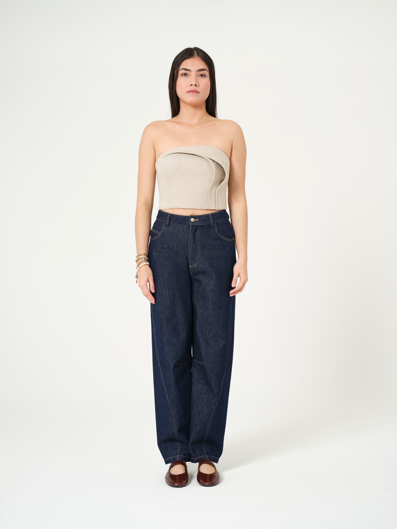 Piarbi Asimetrik Hacimli Straplez Bluz - Bej Keten Karışımlı Voluminous Strapless Top