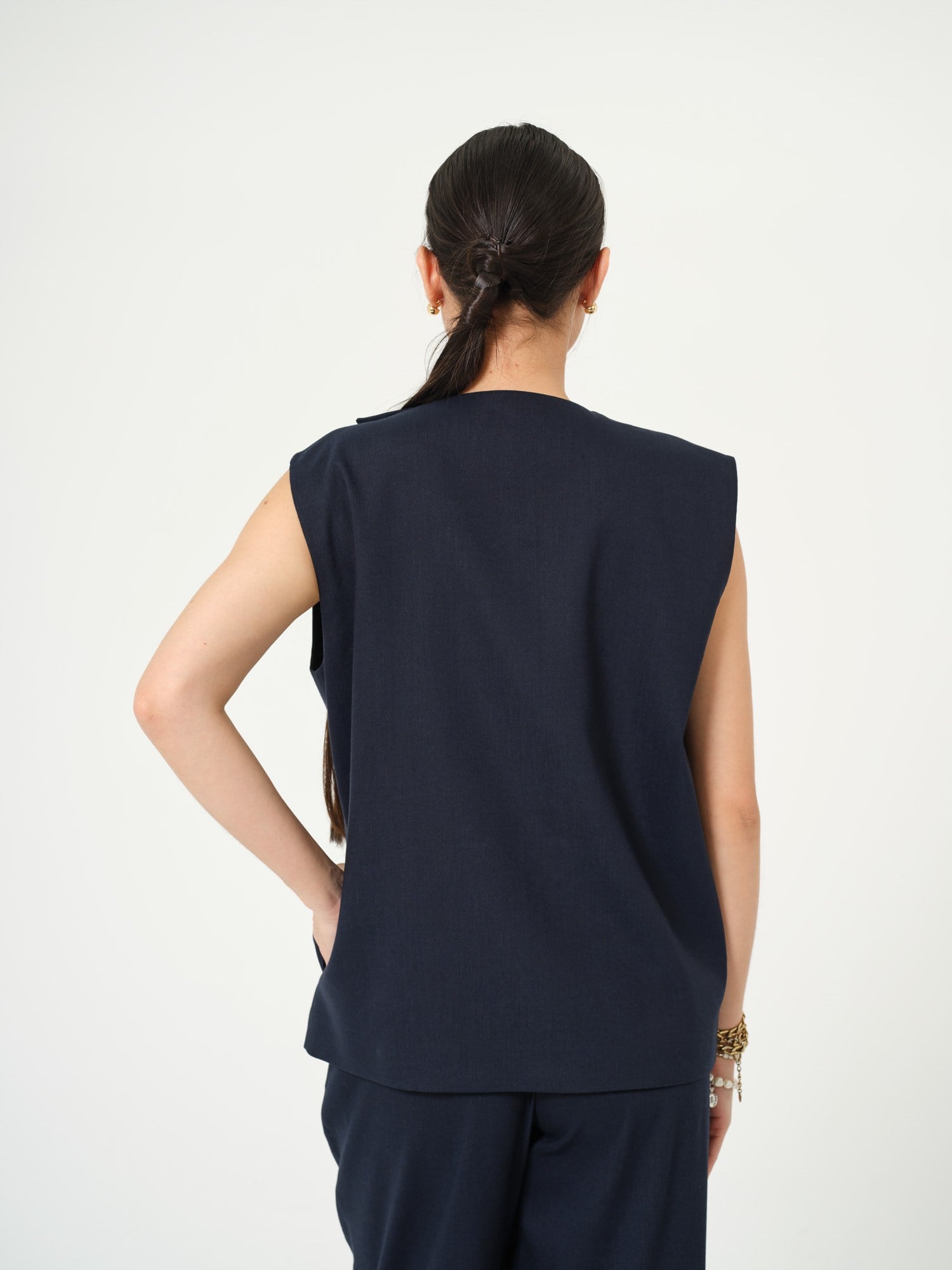 Piarbi Asimetrik Kapama Rahat Kesim Keten Yelek - Lacivert Premium Linen Karışımlı Tasarım Vest