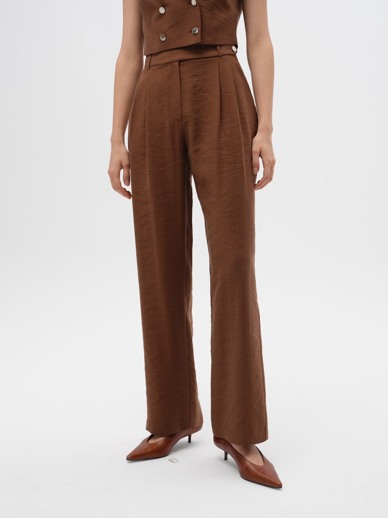 Piarbi Asimetrik Kemer Detaylı Düz Paça Pantolon - Enfiye Tencel Karışımlı Premium Straight Leg Tasarım
