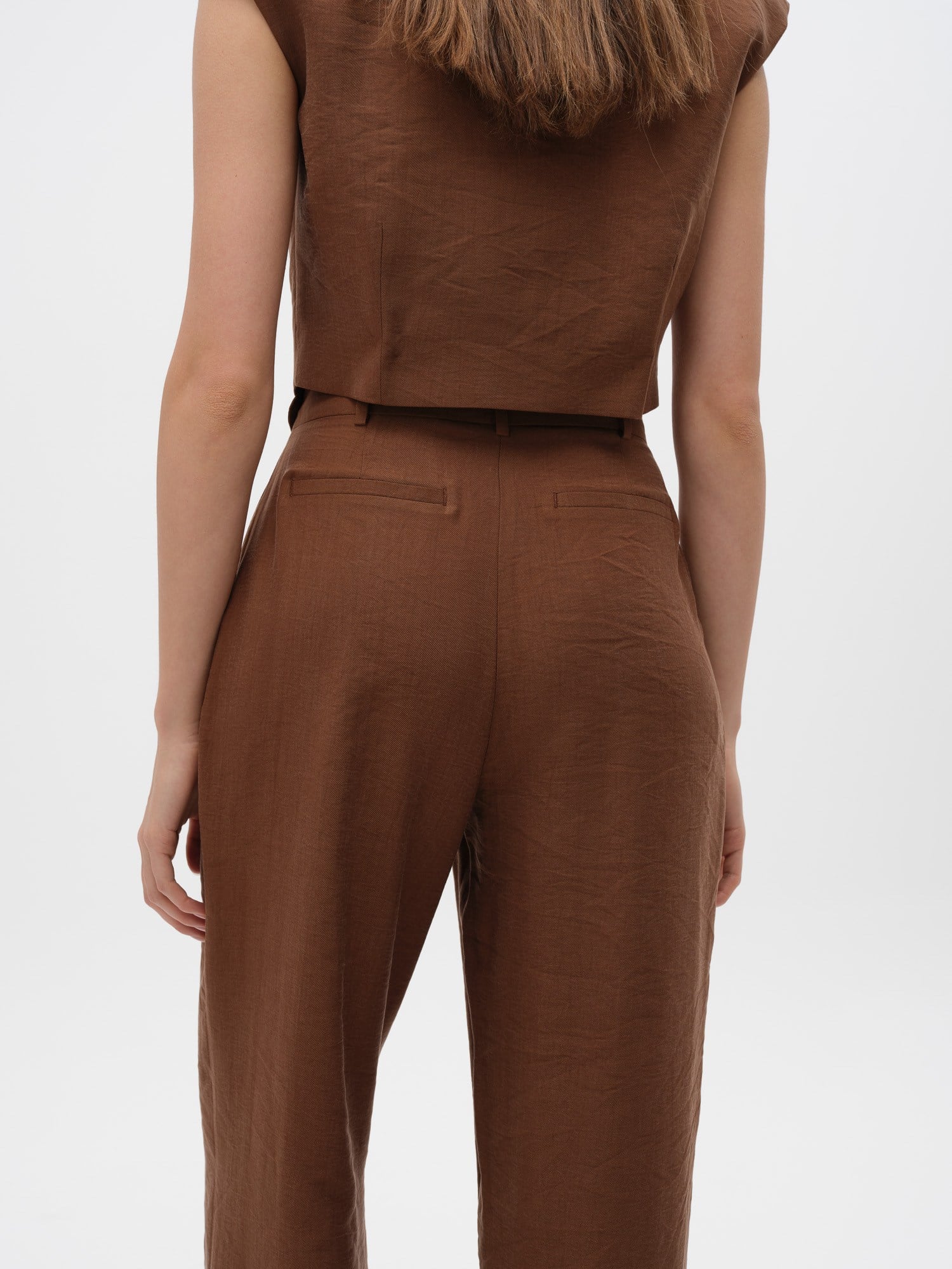 Piarbi Asimetrik Kemer Detaylı Düz Paça Pantolon - Enfiye Tencel Karışımlı Premium Straight Leg Tasarım