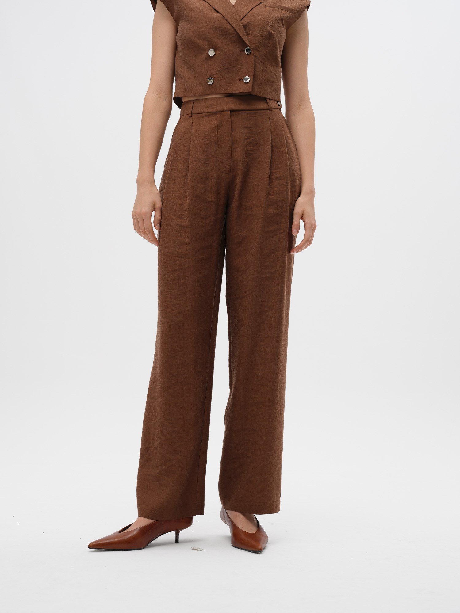 Piarbi Asimetrik Kemer Detaylı Düz Paça Pantolon - Enfiye Tencel Karışımlı Premium Straight Leg Tasarım
