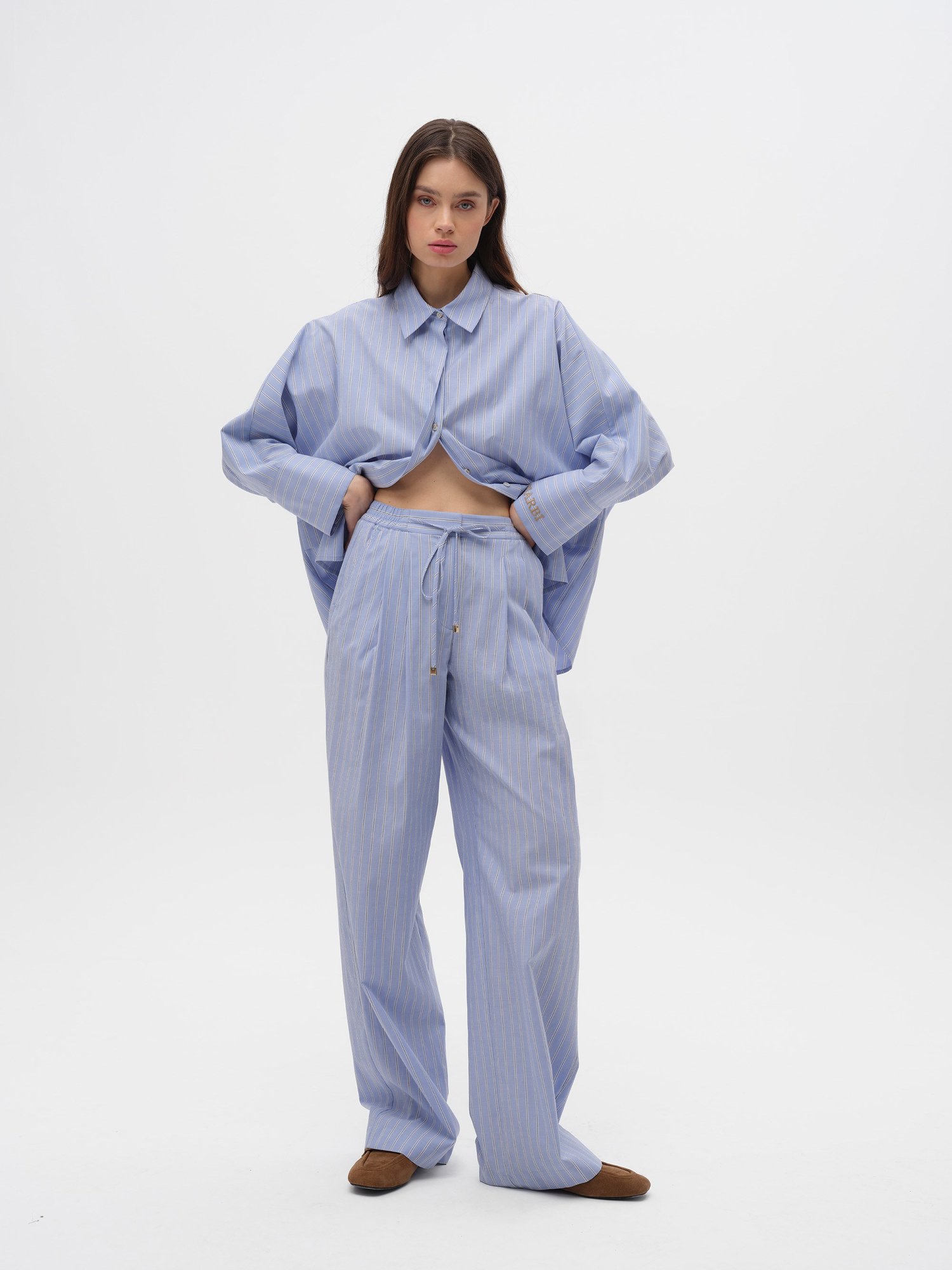 Piarbi Bağcıklı Lastik Bel Rahat Kesim Pantolon - Çizgili Mavi Pamuk Karışımlı Premium Relaxed Fit Tasarım