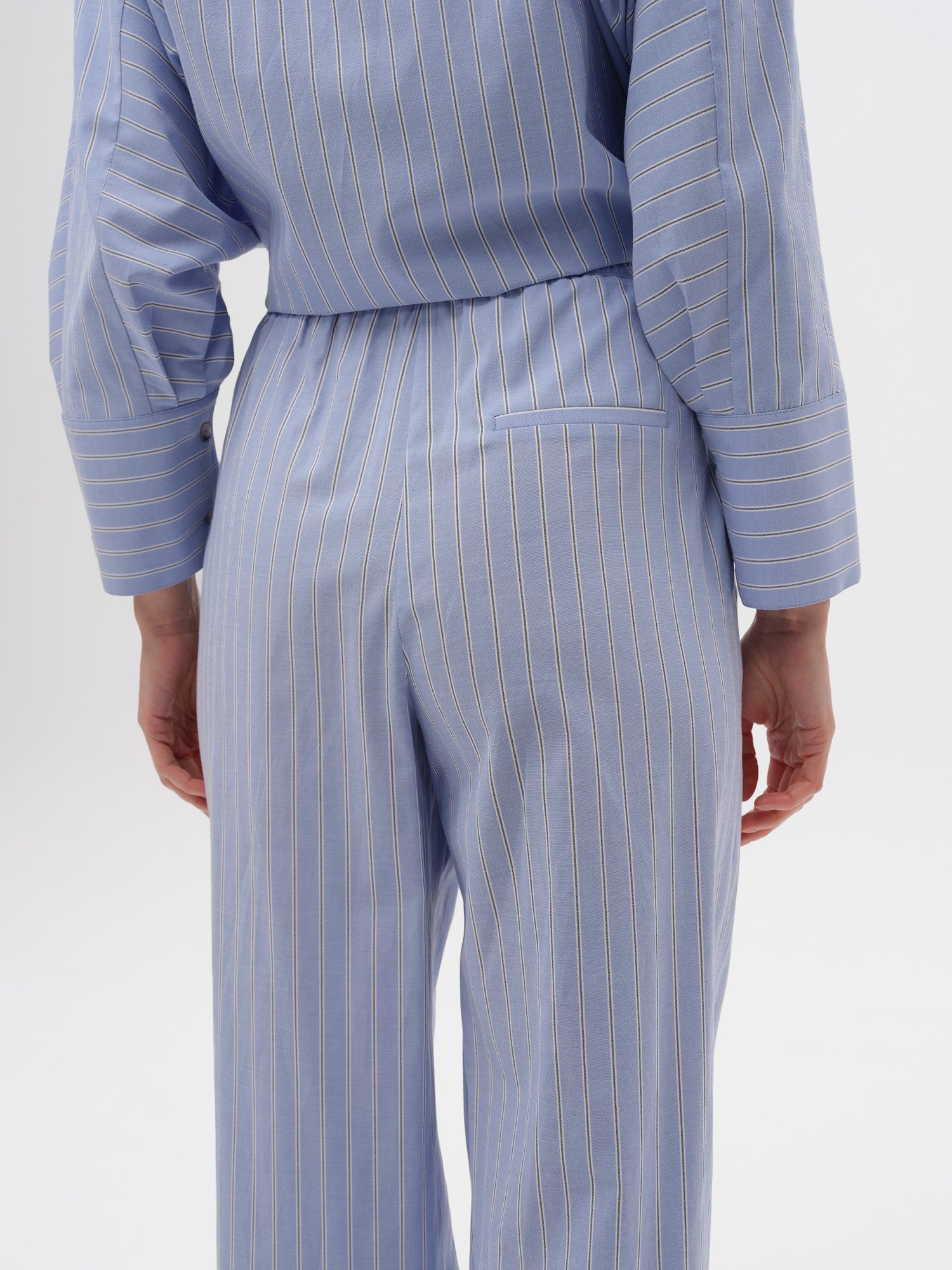Piarbi Bağcıklı Lastik Bel Rahat Kesim Pantolon - Çizgili Mavi Pamuk Karışımlı Premium Relaxed Fit Tasarım