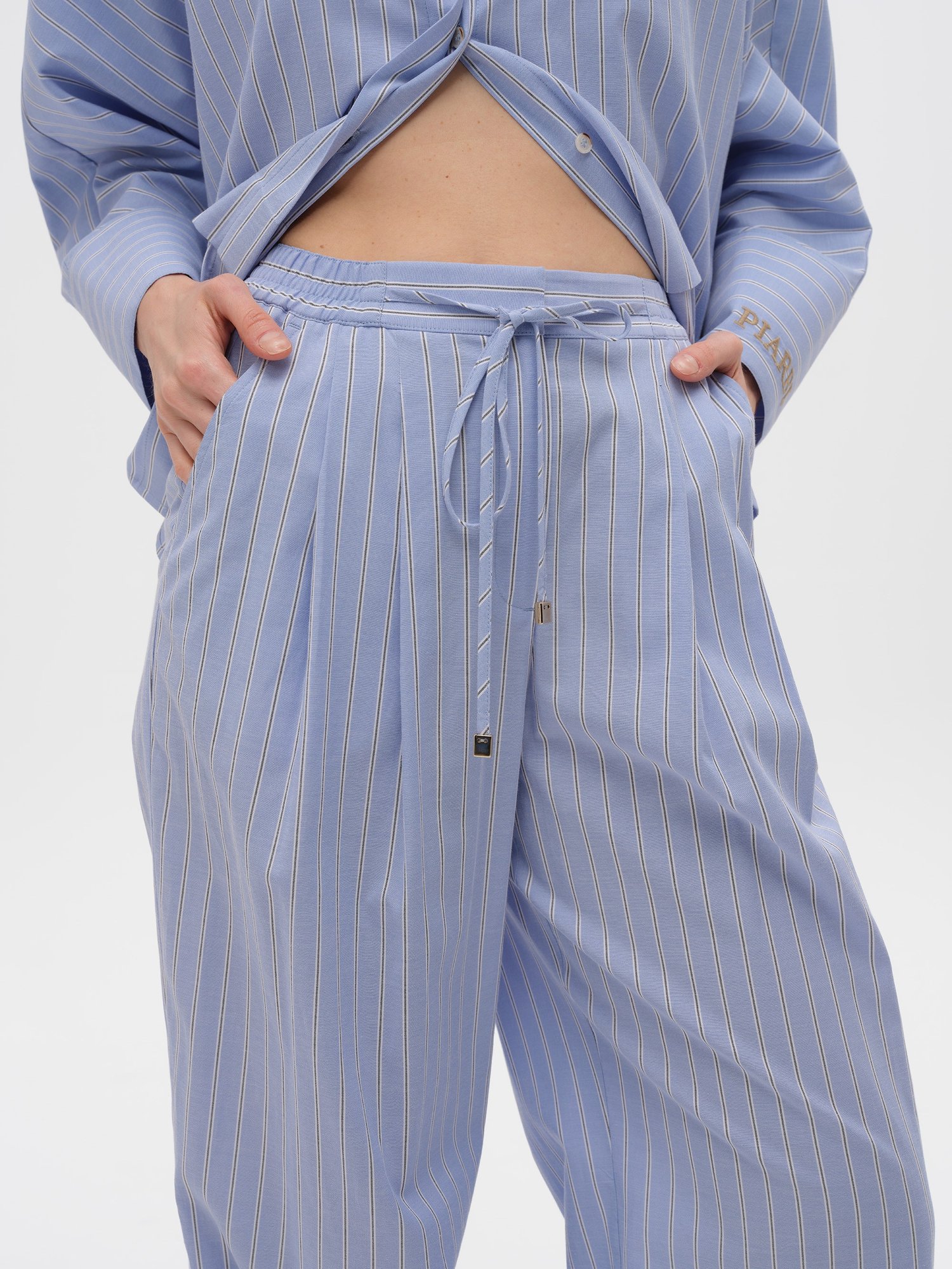 Piarbi Bağcıklı Lastik Bel Rahat Kesim Pantolon - Çizgili Mavi Pamuk Karışımlı Premium Relaxed Fit Tasarım