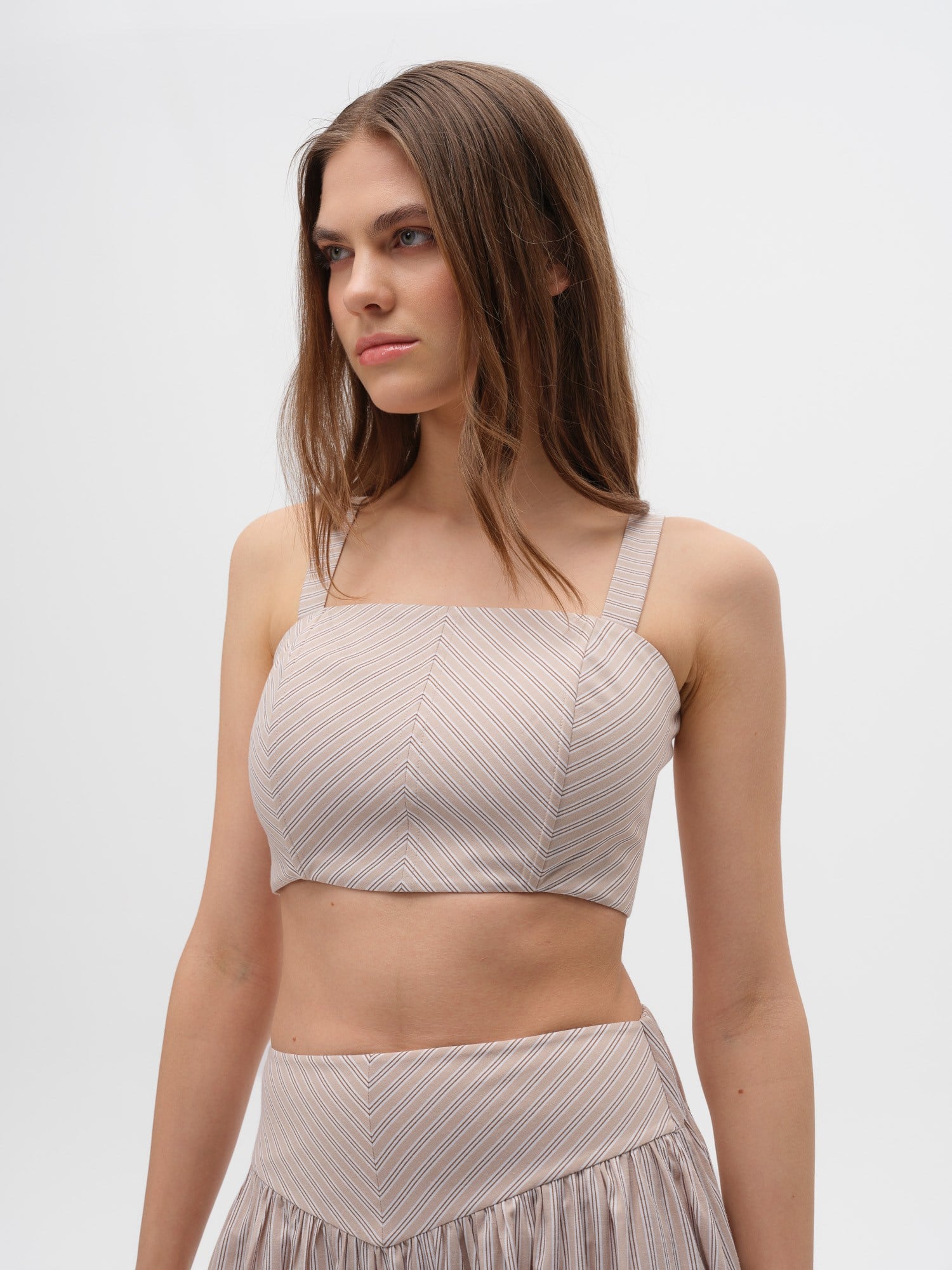 Piarbi Balen Detaylı Çizgili Büstiyer Bluz - Bej Premium Pamuk Karışımlı Boning Detail Short Blouse