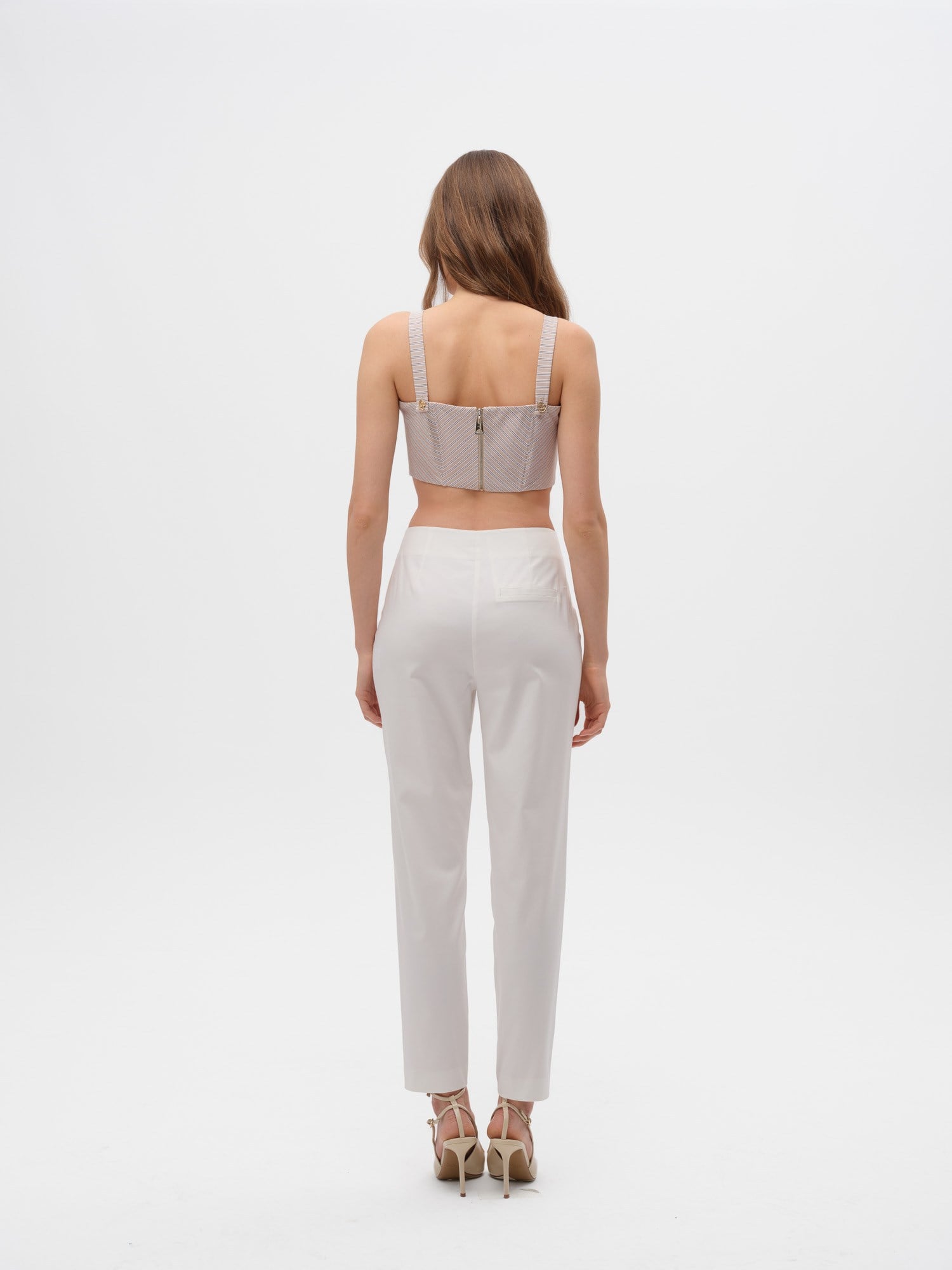 Piarbi Balen Detaylı Çizgili Büstiyer Bluz - Bej Premium Pamuk Karışımlı Boning Detail Short Blouse