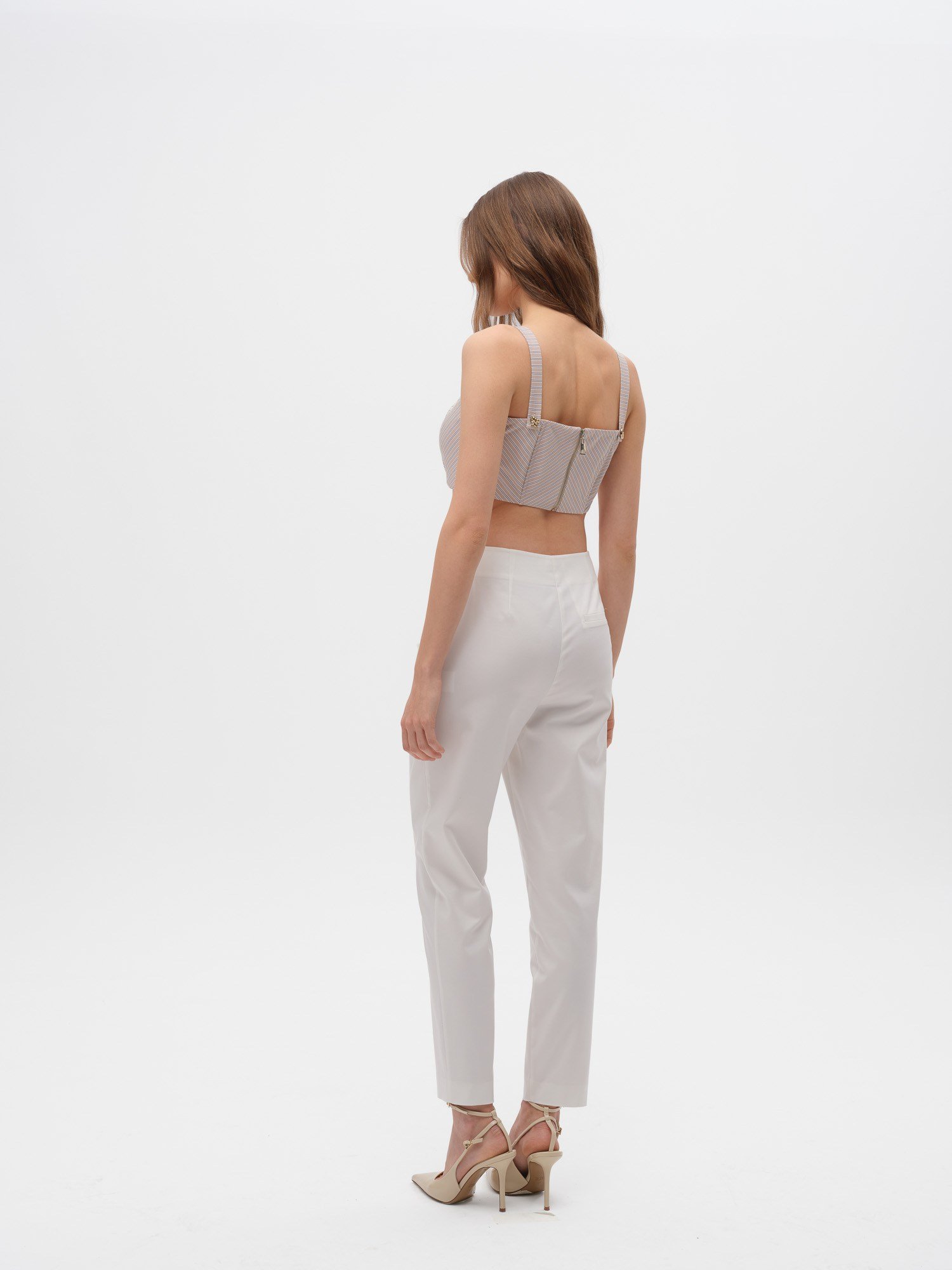Piarbi Balen Detaylı Çizgili Büstiyer Bluz - Bej Premium Pamuk Karışımlı Boning Detail Short Blouse