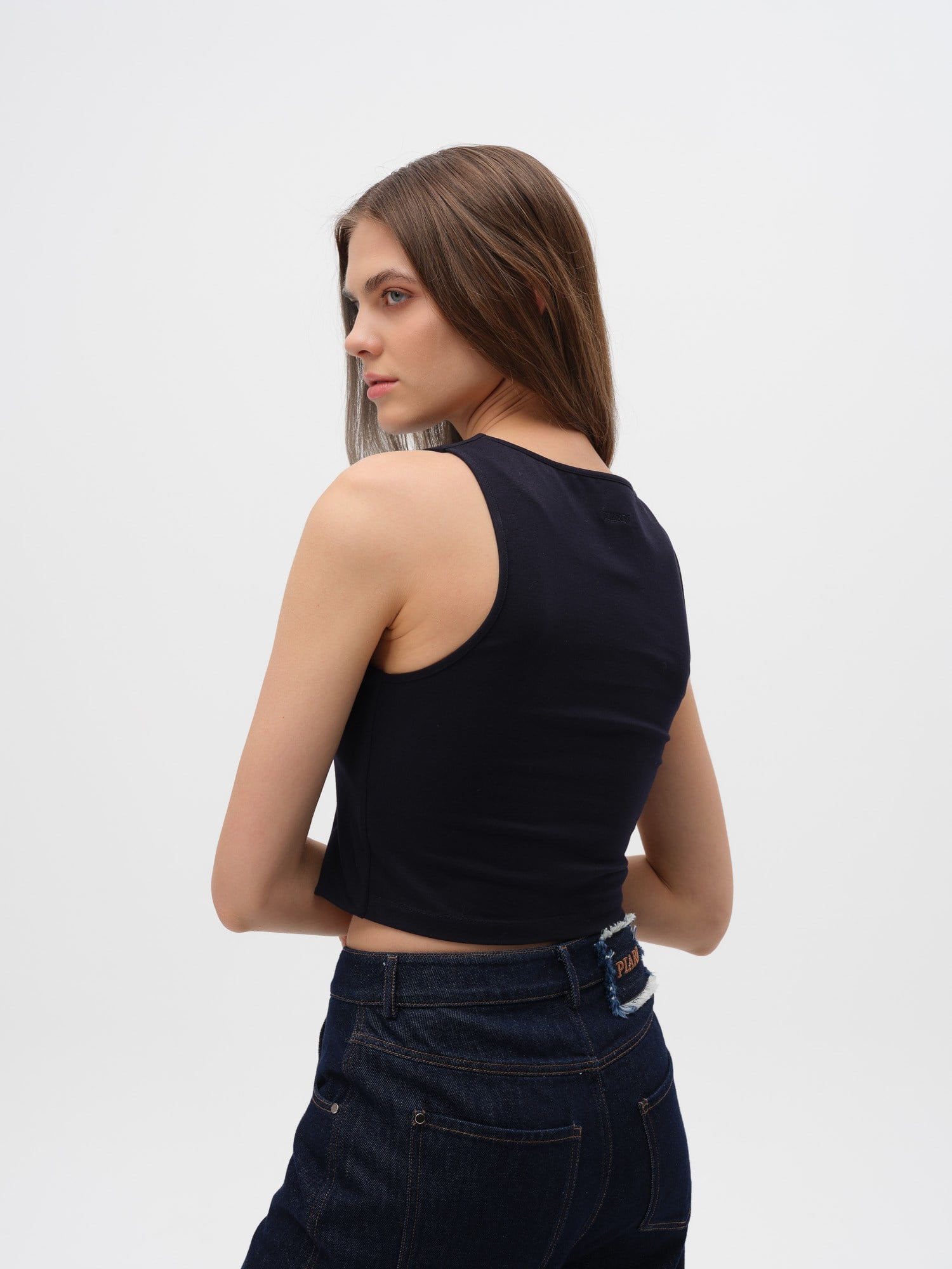 Piarbi Bisiklet Yaka Kolsuz Slim Fit Bluz - Kahve, Lacivert ve Off White Pamuklu Likralı T-shirt