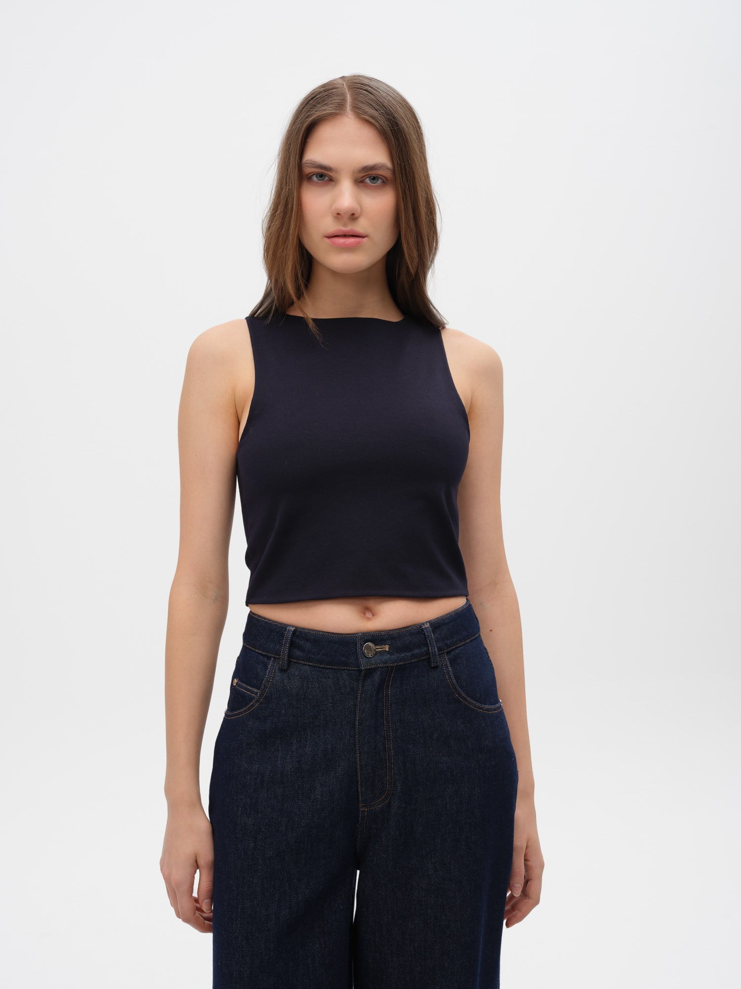 Piarbi Bisiklet Yaka Kolsuz Slim Fit Bluz - Kahve, Lacivert ve Off White Pamuklu Likralı T-shirt