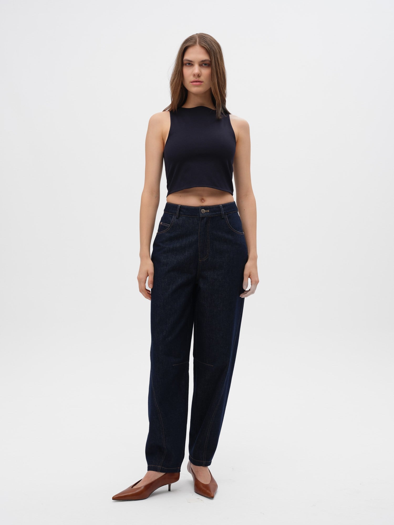 Piarbi Bisiklet Yaka Kolsuz Slim Fit Bluz - Kahve, Lacivert ve Off White Pamuklu Likralı T-shirt