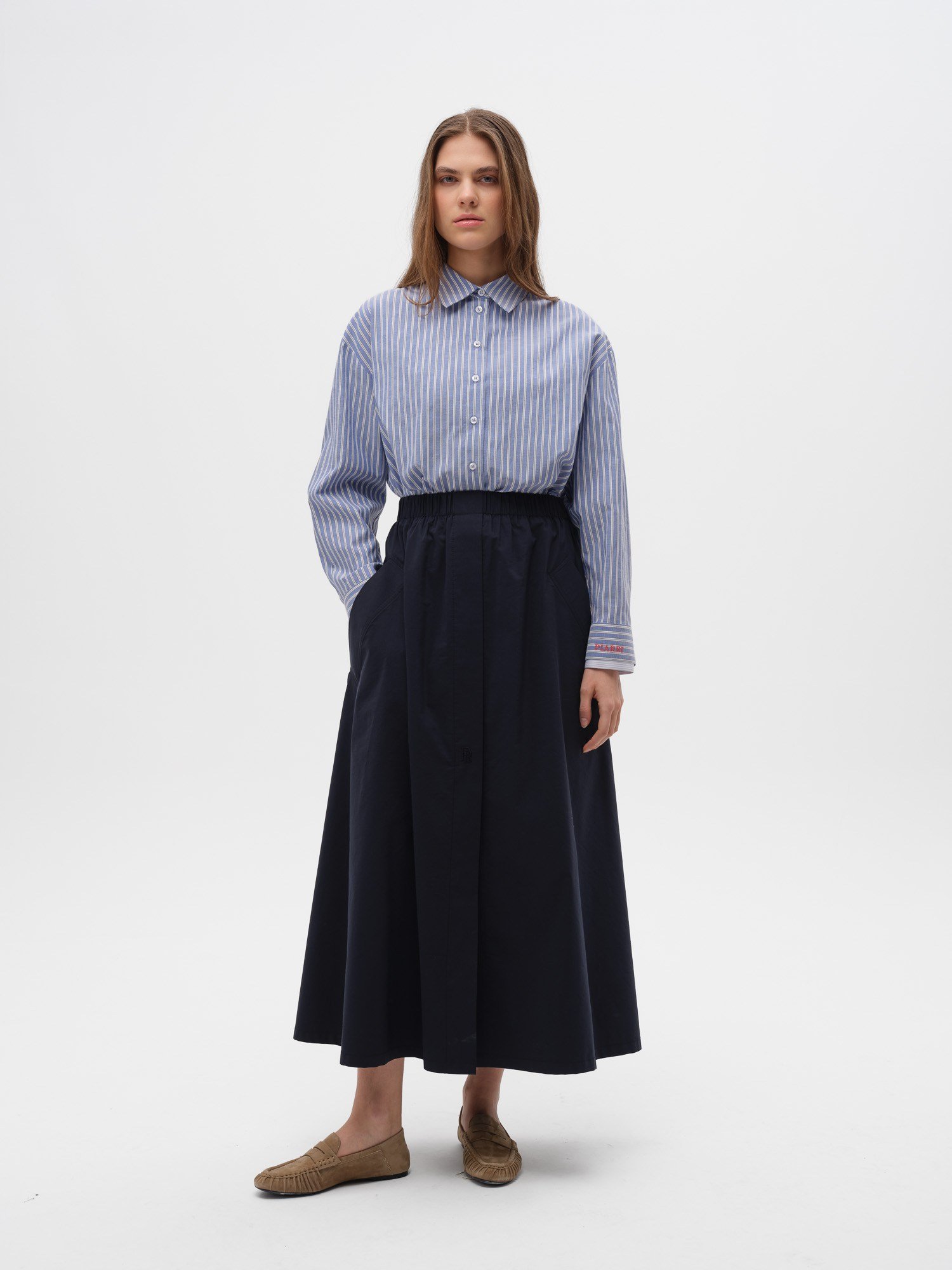 Piarbi Büyük Fileto Cepli Geniş Kesim Etek - Bej ve Koyu Lacivert Premium Pamuk Karışımlı Slit Detail Wide Skirt