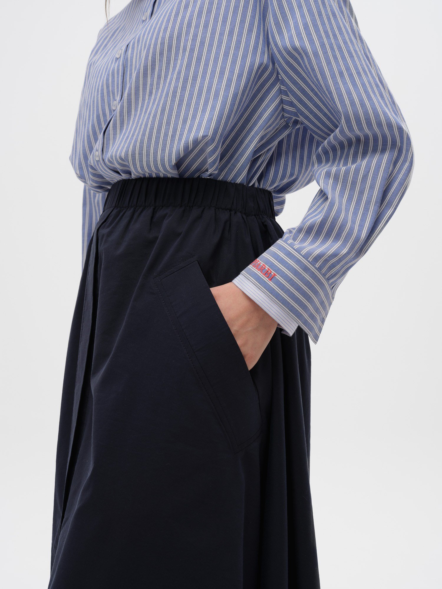 Piarbi Büyük Fileto Cepli Geniş Kesim Etek - Bej ve Koyu Lacivert Premium Pamuk Karışımlı Slit Detail Wide Skirt