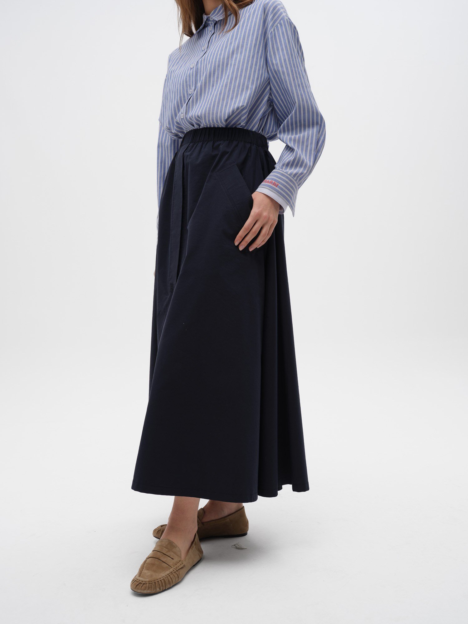 Piarbi Büyük Fileto Cepli Geniş Kesim Etek - Bej ve Koyu Lacivert Premium Pamuk Karışımlı Slit Detail Wide Skirt