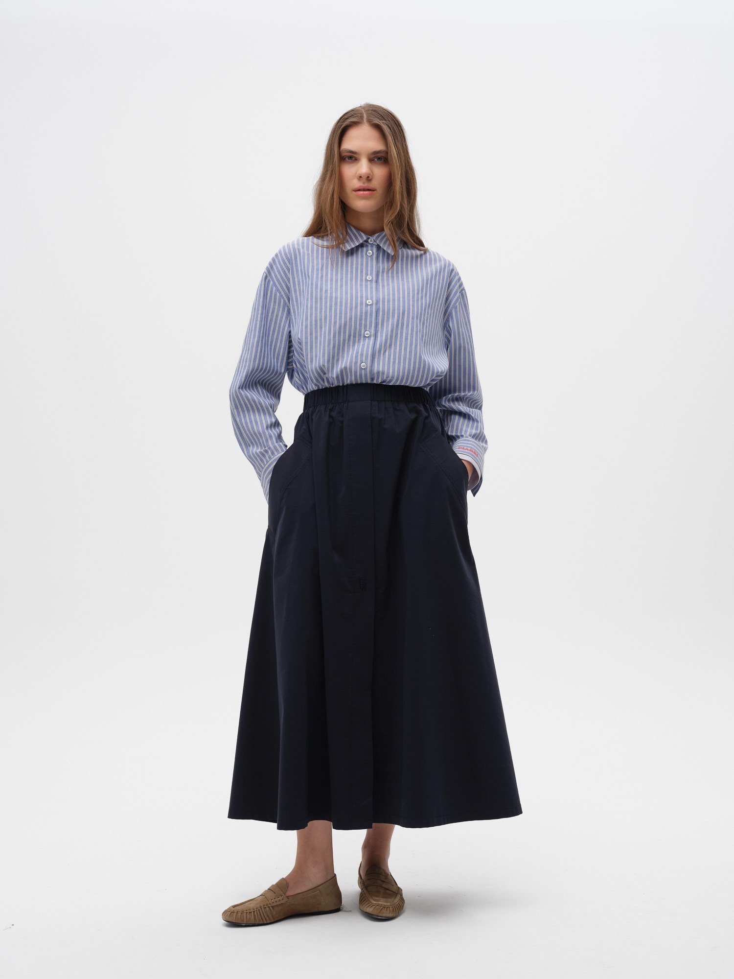 Piarbi Büyük Fileto Cepli Geniş Kesim Etek - Bej ve Koyu Lacivert Premium Pamuk Karışımlı Slit Detail Wide Skirt