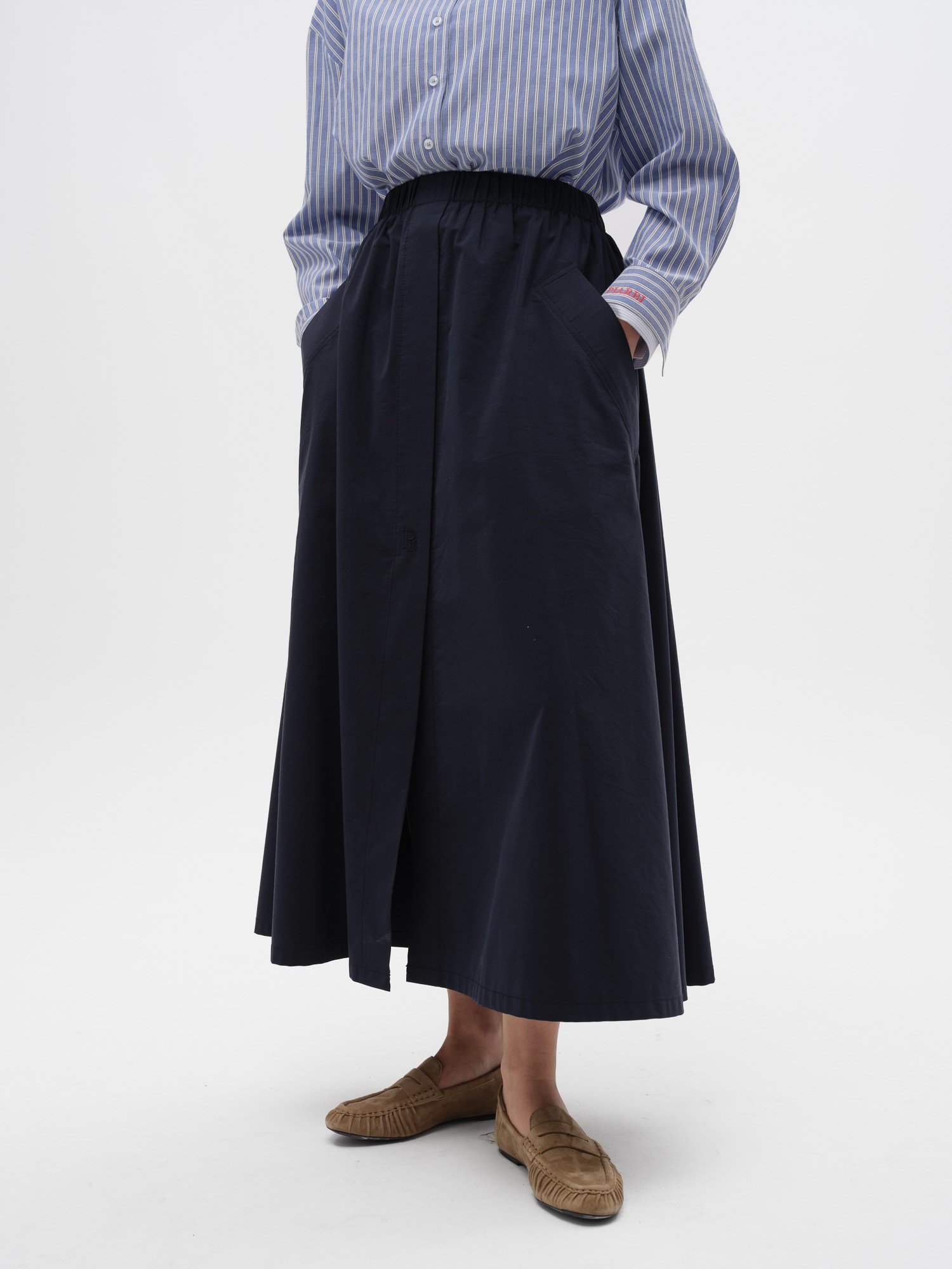 Piarbi Büyük Fileto Cepli Geniş Kesim Etek - Bej ve Koyu Lacivert Premium Pamuk Karışımlı Slit Detail Wide Skirt