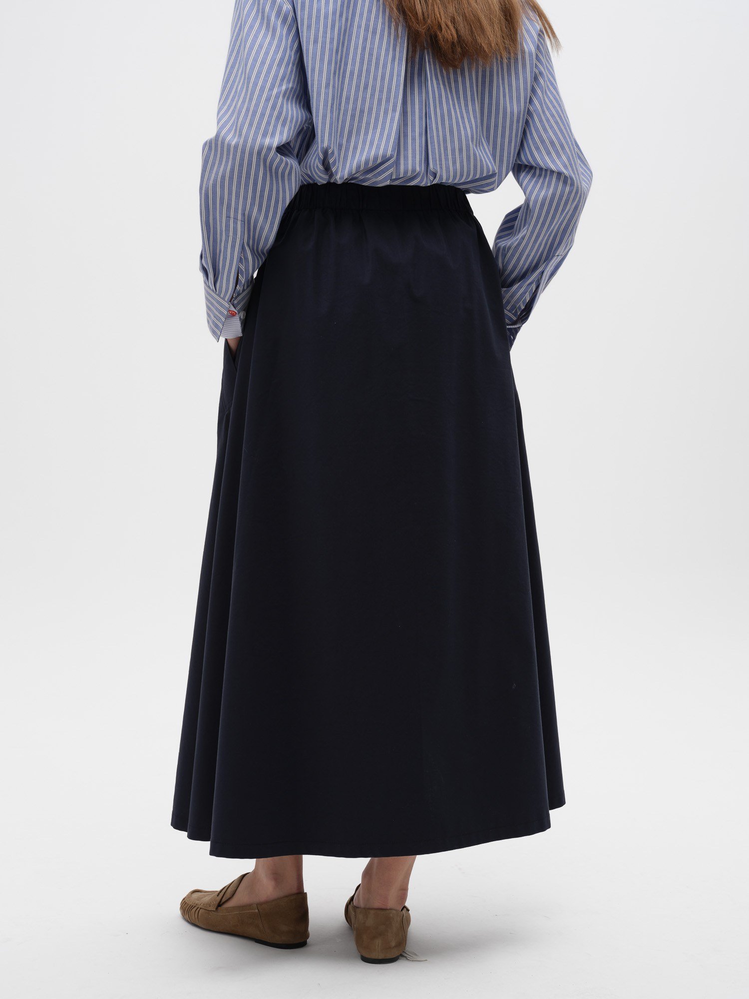 Piarbi Büyük Fileto Cepli Geniş Kesim Etek - Bej ve Koyu Lacivert Premium Pamuk Karışımlı Slit Detail Wide Skirt