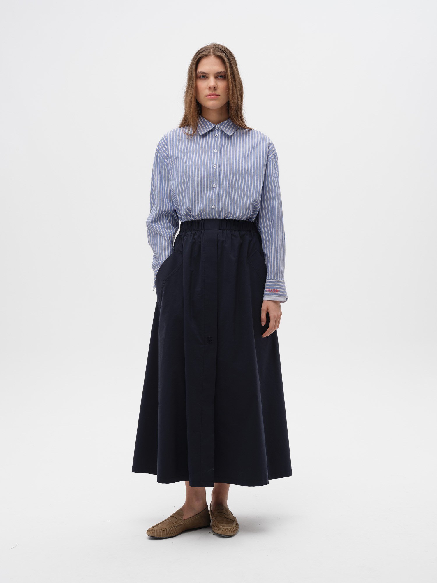 Piarbi Büyük Fileto Cepli Geniş Kesim Etek - Bej ve Koyu Lacivert Premium Pamuk Karışımlı Slit Detail Wide Skirt