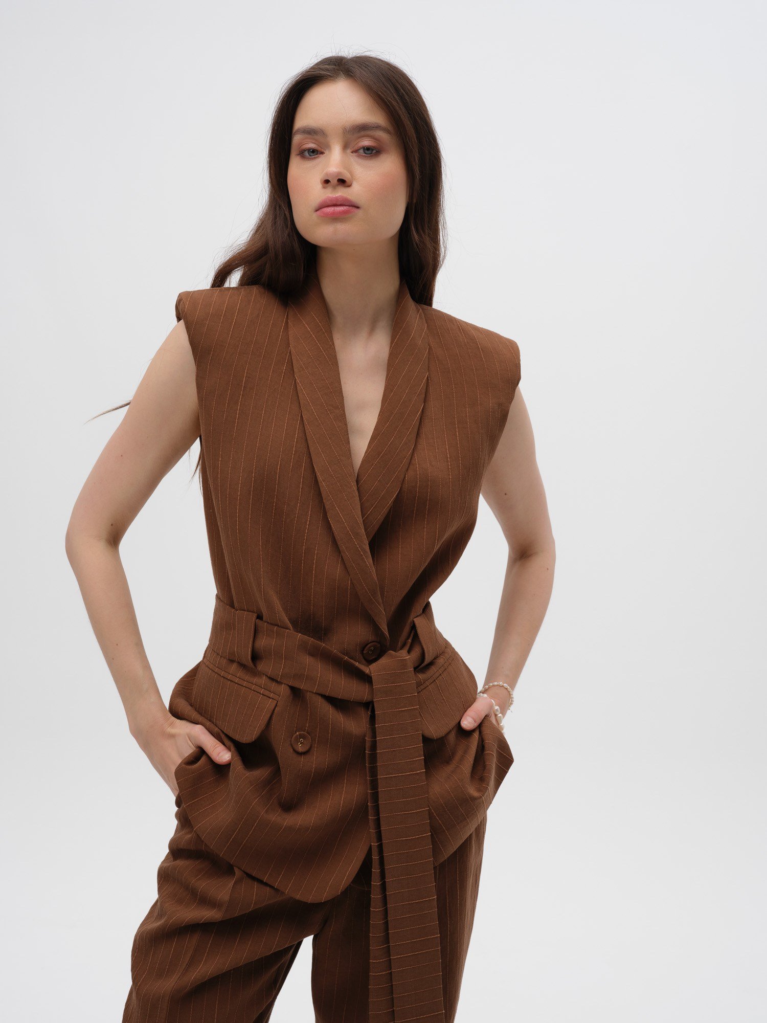 Piarbi Büzgülü Vatkalı Uzun Yelek - Enfiye Tencel Karışımlı Premium Shoulder Pad Long Vest Tasarım