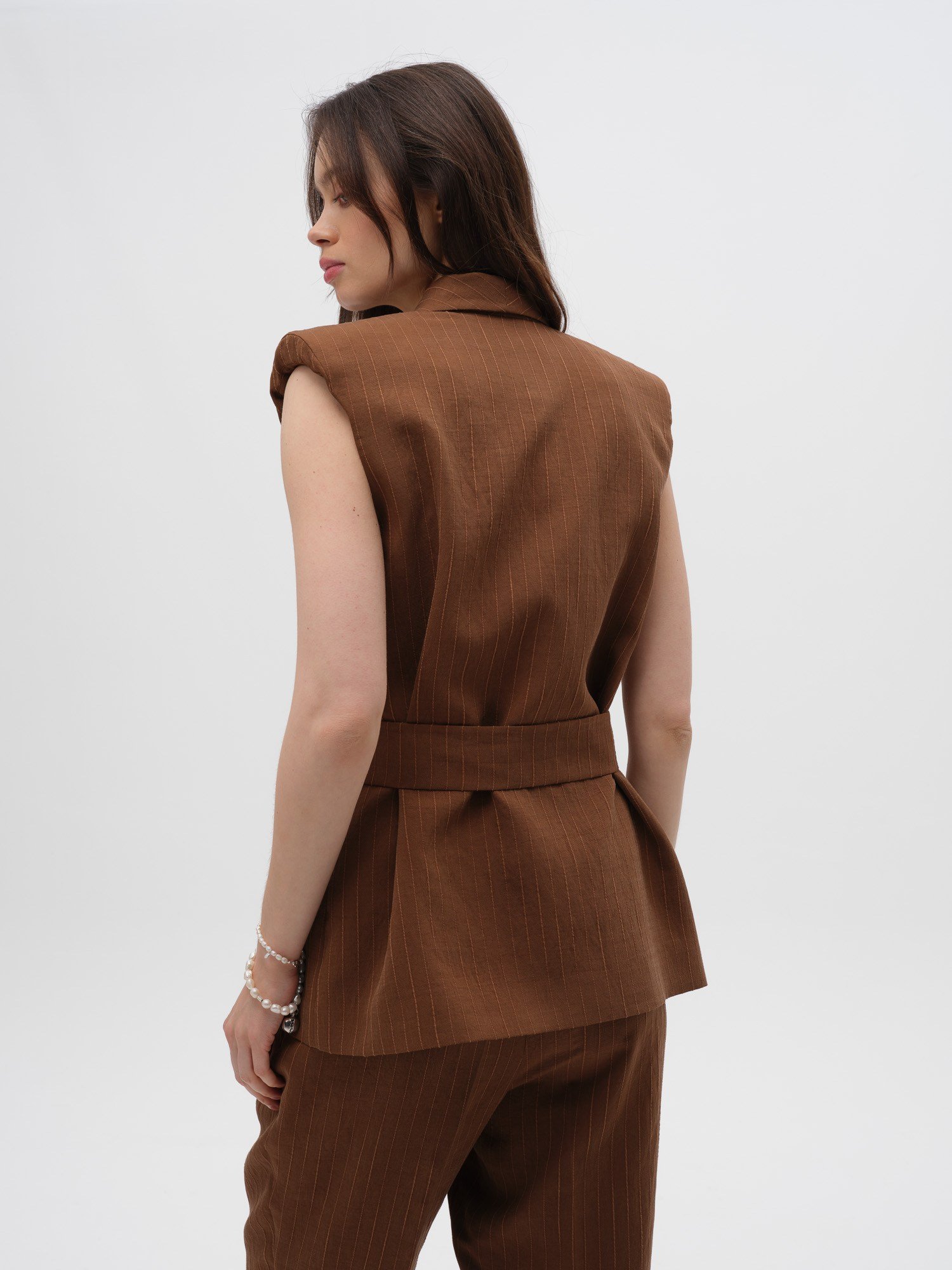 Piarbi Büzgülü Vatkalı Uzun Yelek - Enfiye Tencel Karışımlı Premium Shoulder Pad Long Vest Tasarım