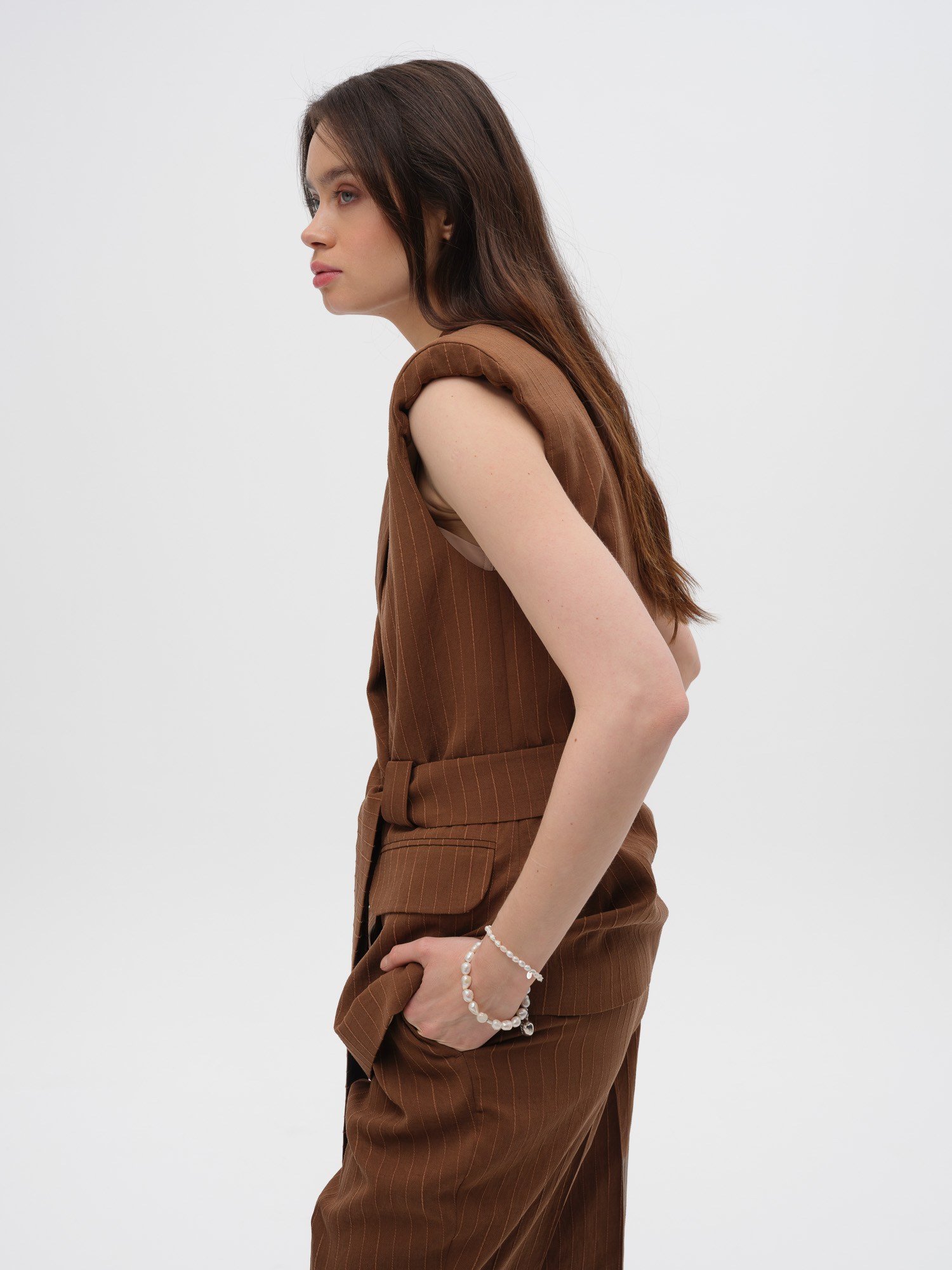 Piarbi Büzgülü Vatkalı Uzun Yelek - Enfiye Tencel Karışımlı Premium Shoulder Pad Long Vest Tasarım