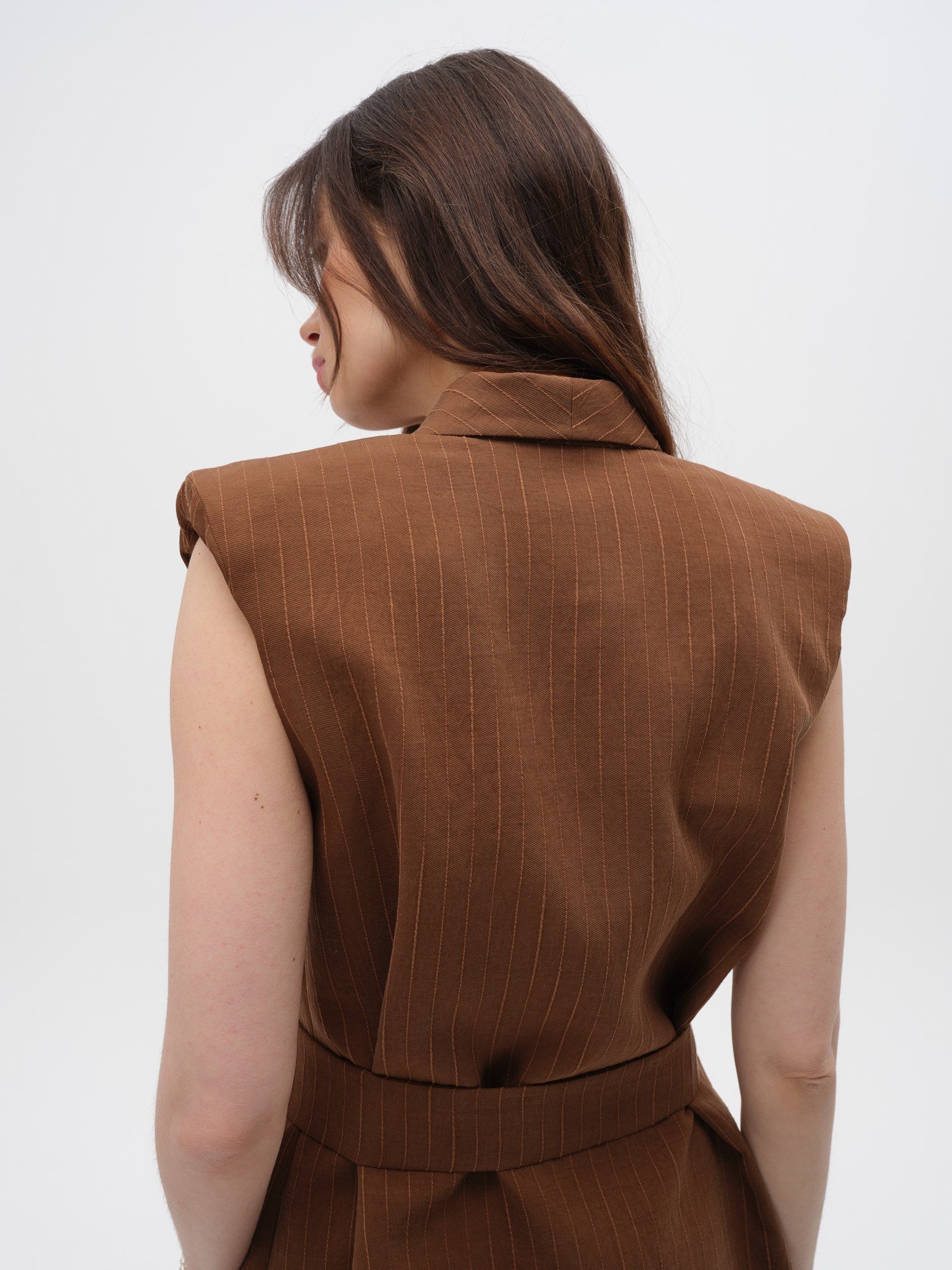 Piarbi Büzgülü Vatkalı Uzun Yelek - Enfiye Tencel Karışımlı Premium Shoulder Pad Long Vest Tasarım