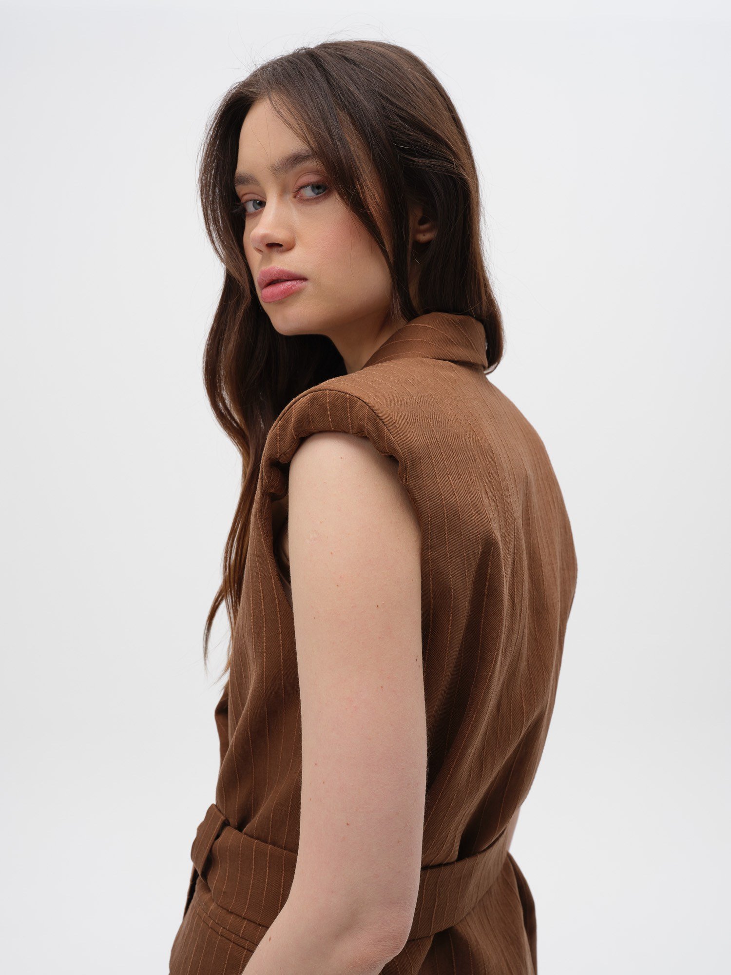 Piarbi Büzgülü Vatkalı Uzun Yelek - Enfiye Tencel Karışımlı Premium Shoulder Pad Long Vest Tasarım