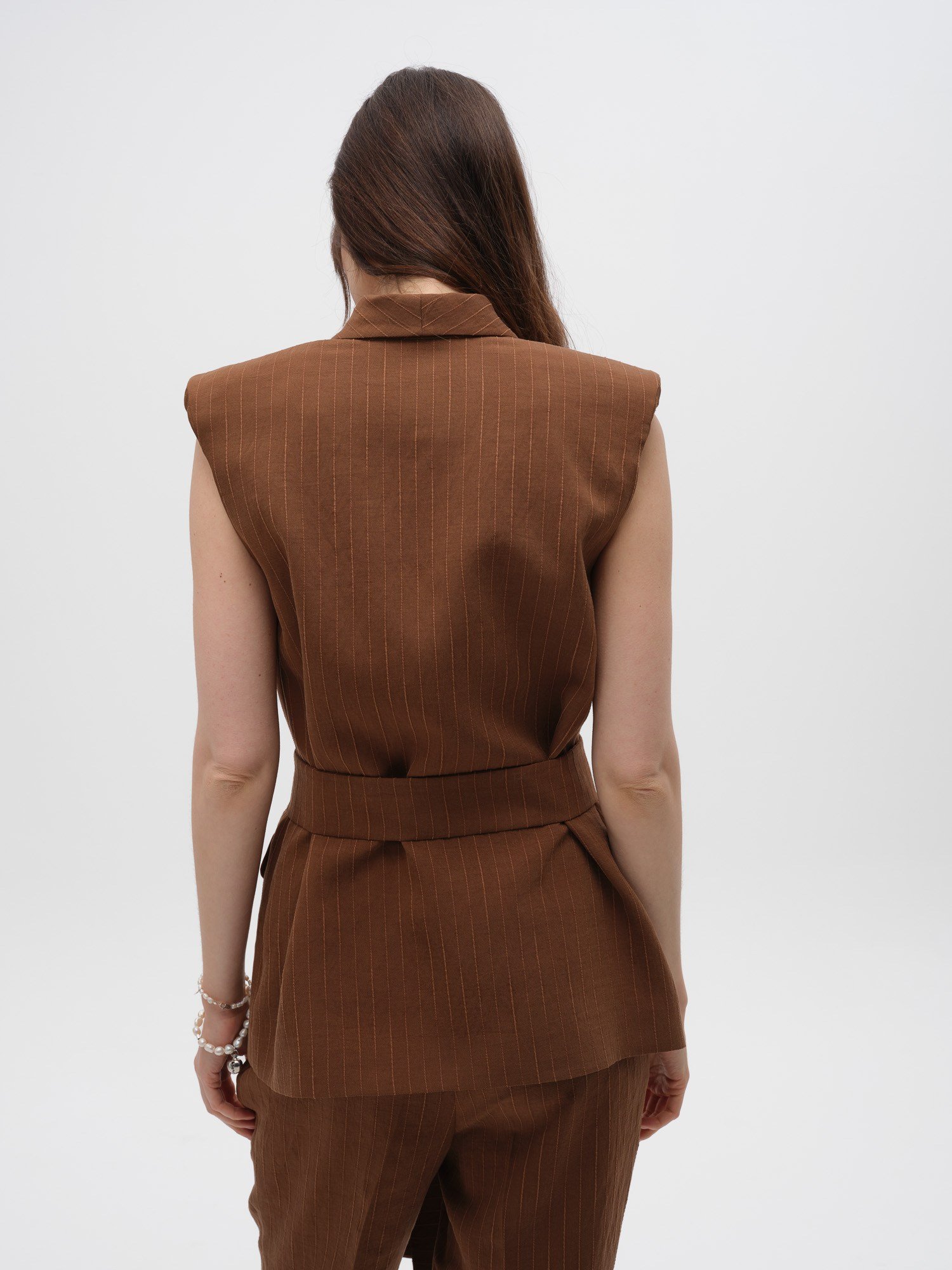 Piarbi Büzgülü Vatkalı Uzun Yelek - Enfiye Tencel Karışımlı Premium Shoulder Pad Long Vest Tasarım