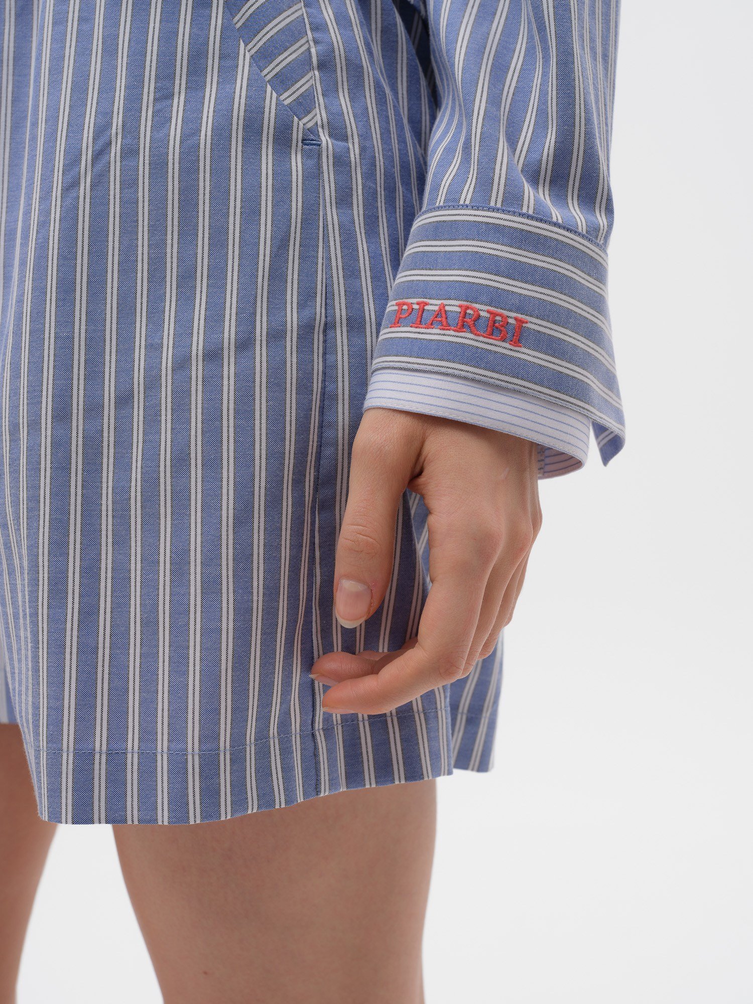 Piarbi Çift Manşetli Çizgili Kutu Form Gömlek - Mavi Beyaz Premium Cotton Blend Box-Shaped Shirt