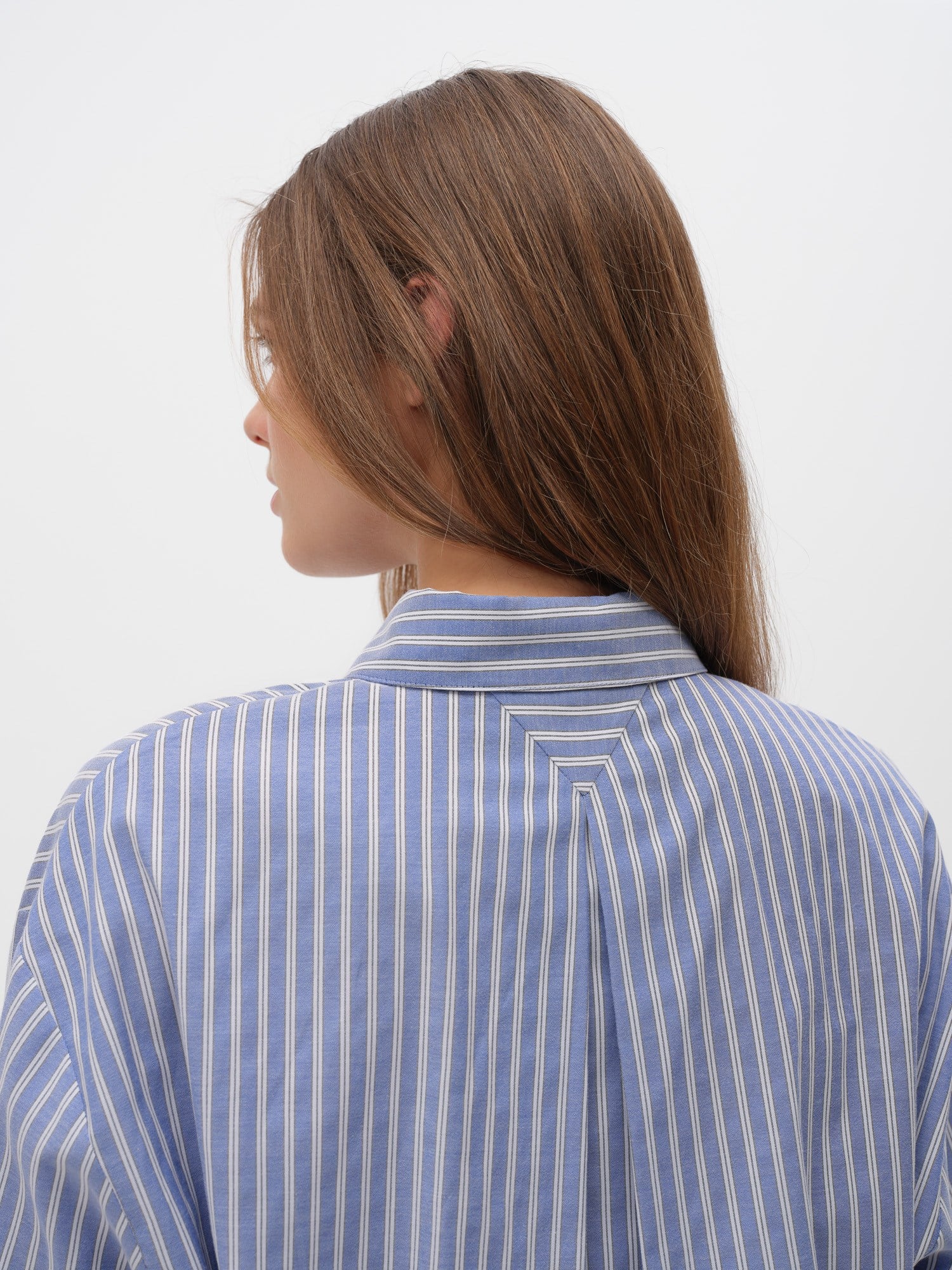 Piarbi Çift Manşetli Çizgili Kutu Form Gömlek - Mavi Beyaz Premium Cotton Blend Box-Shaped Shirt
