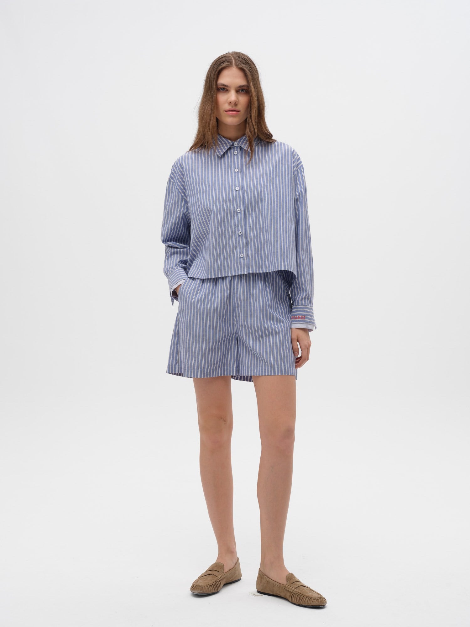 Piarbi Çift Manşetli Çizgili Kutu Form Gömlek - Mavi Beyaz Premium Cotton Blend Box-Shaped Shirt