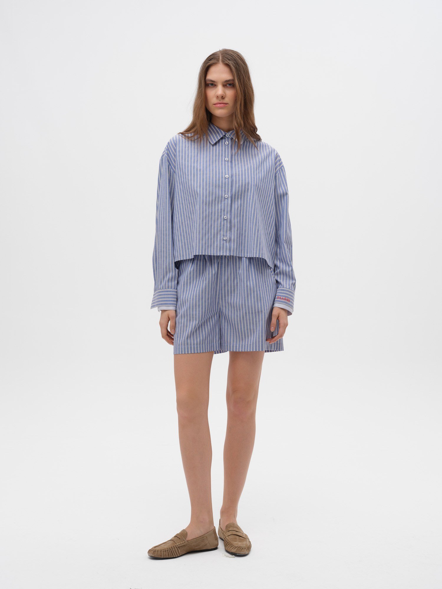 Piarbi Çift Manşetli Çizgili Kutu Form Gömlek - Mavi Beyaz Premium Cotton Blend Box-Shaped Shirt