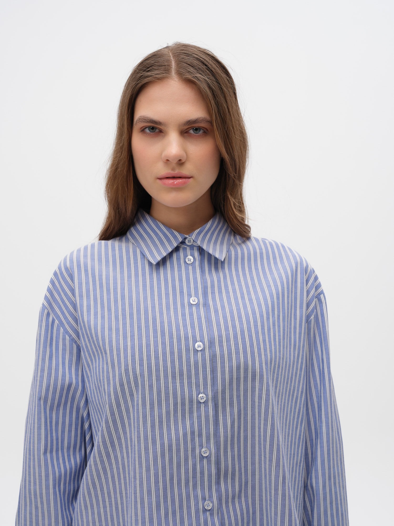 Piarbi Çift Manşetli Çizgili Kutu Form Gömlek - Mavi Beyaz Premium Cotton Blend Box-Shaped Shirt