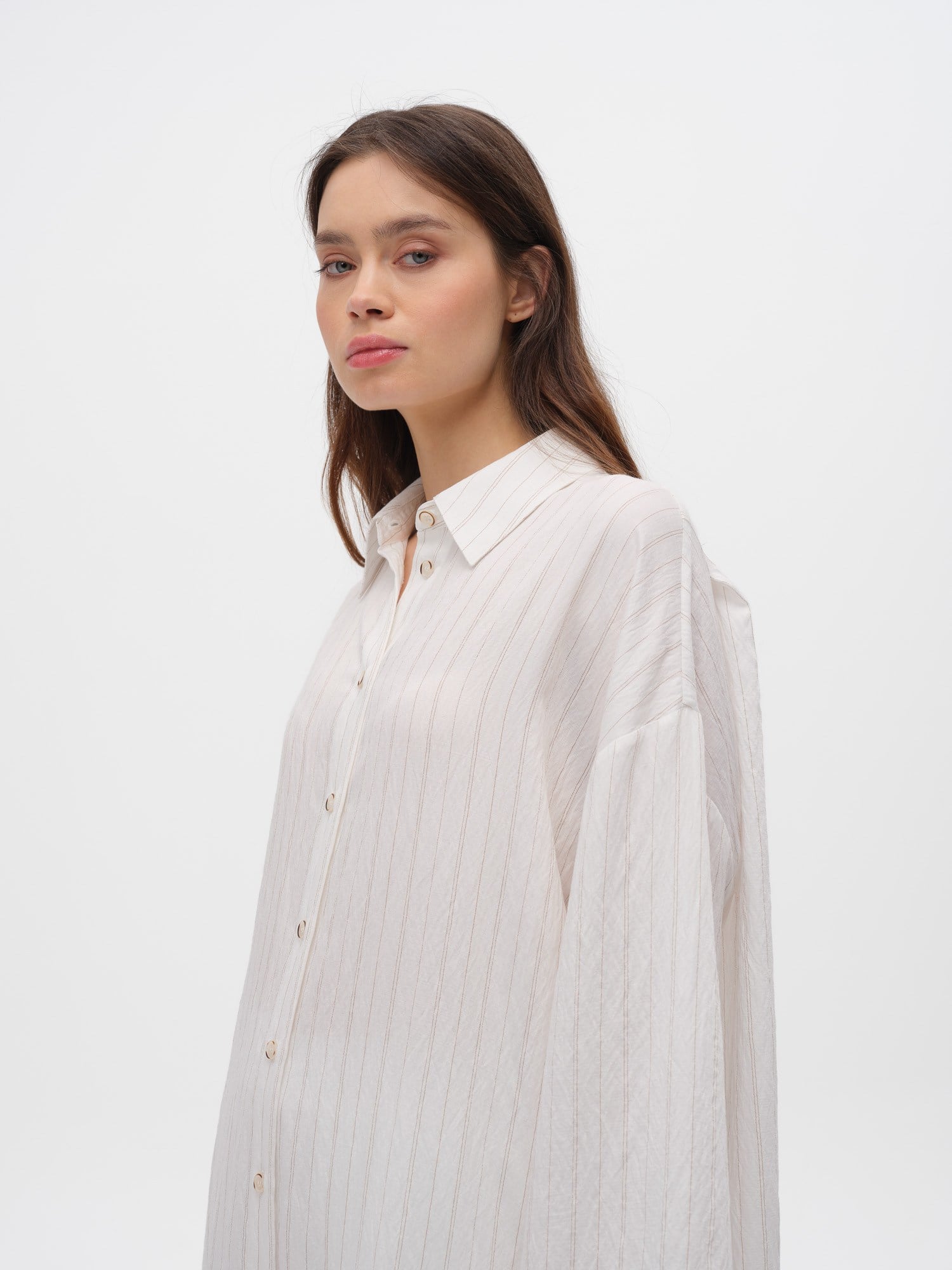 Piarbi Çizgili Uzun Gömlek Tunik - Ekru Camel Stripe Premium Viskon Akışkan Dokulu