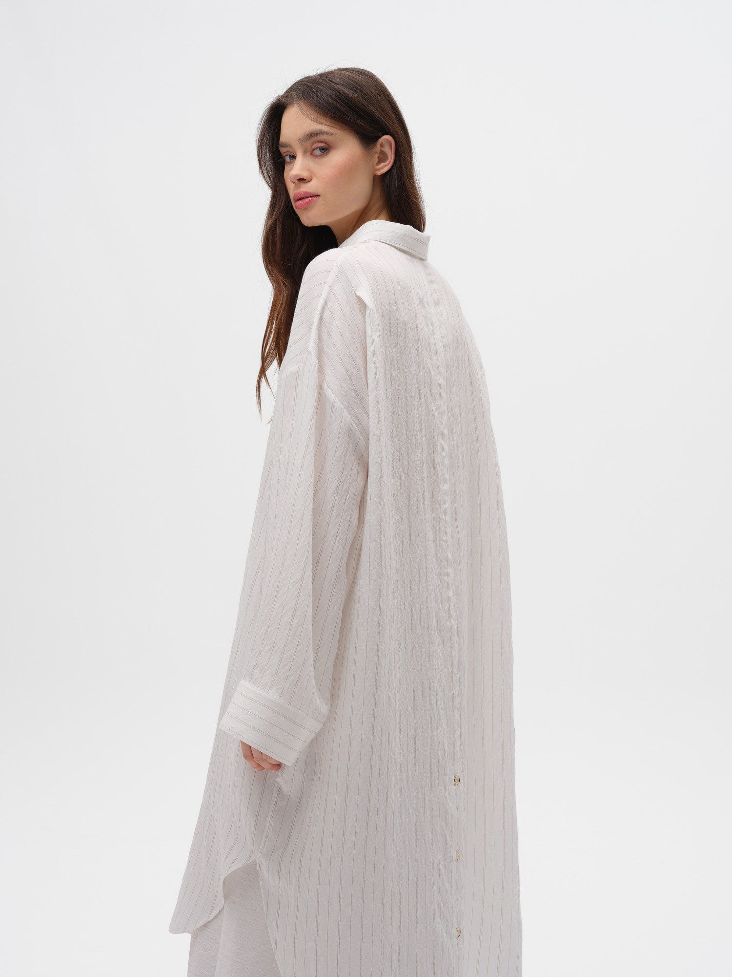 Piarbi Çizgili Uzun Gömlek Tunik - Ekru Camel Stripe Premium Viskon Akışkan Dokulu
