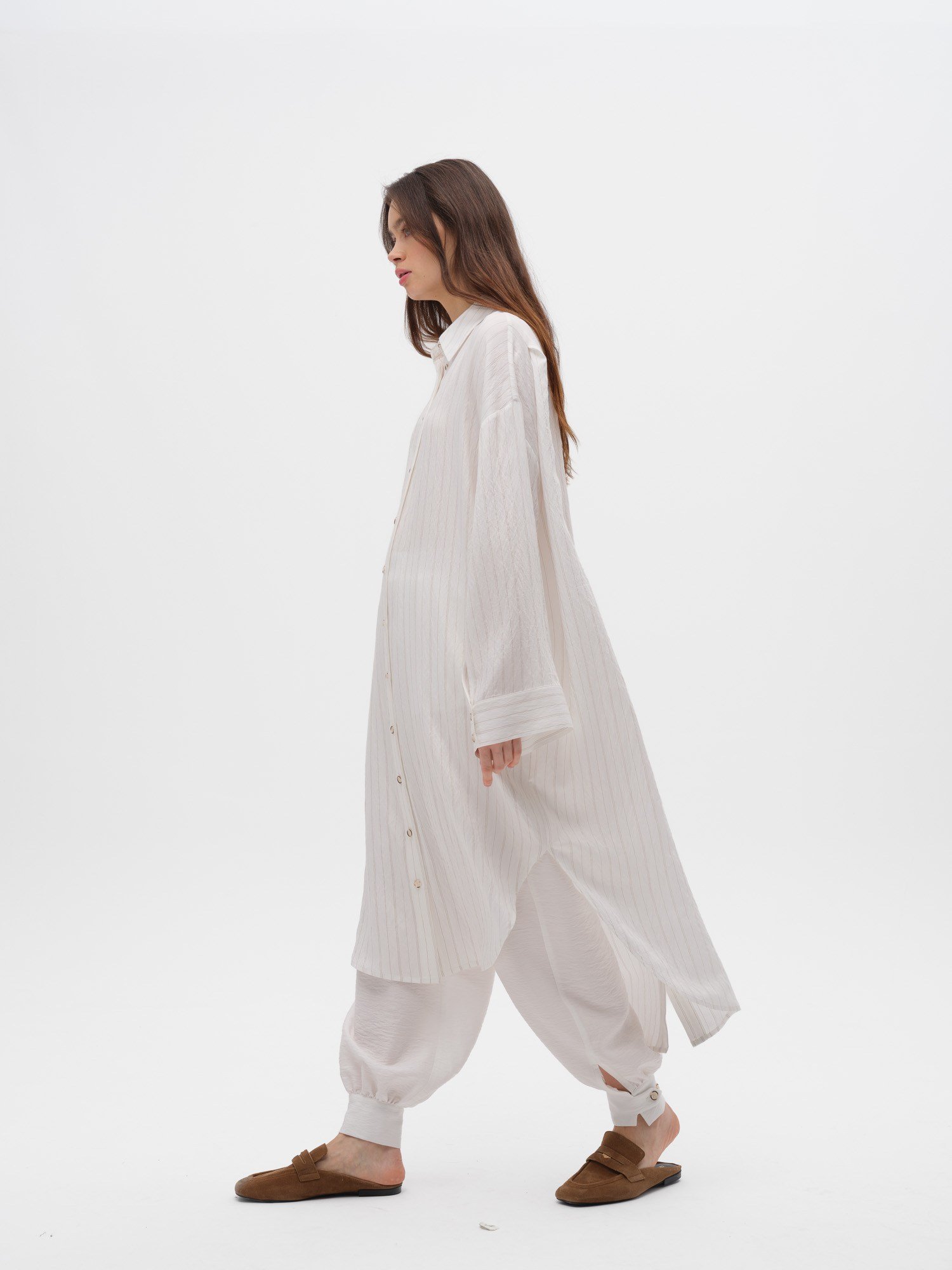 Piarbi Çizgili Uzun Gömlek Tunik - Ekru Camel Stripe Premium Viskon Akışkan Dokulu