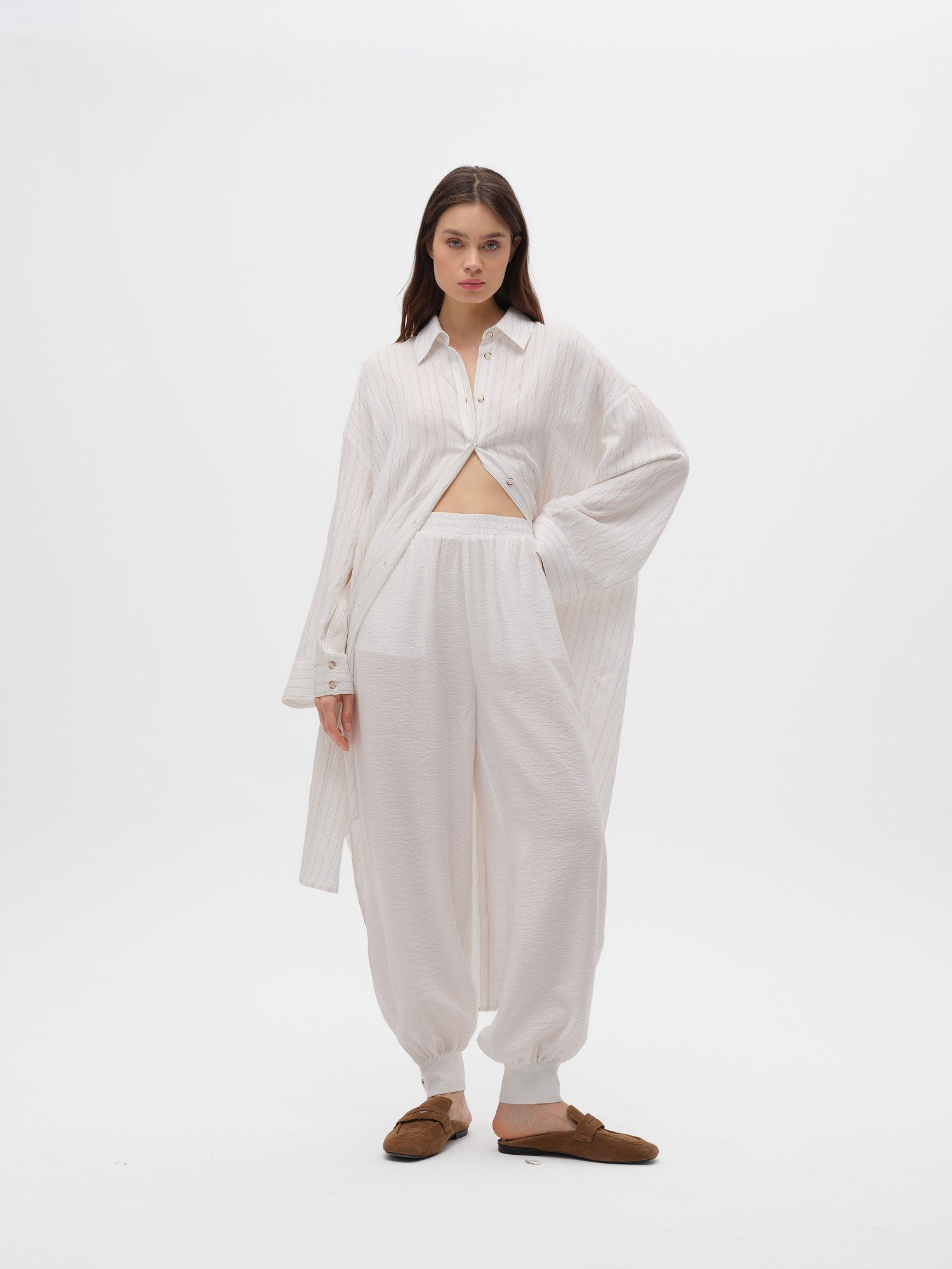 Piarbi Çizgili Uzun Gömlek Tunik - Ekru Camel Stripe Premium Viskon Akışkan Dokulu