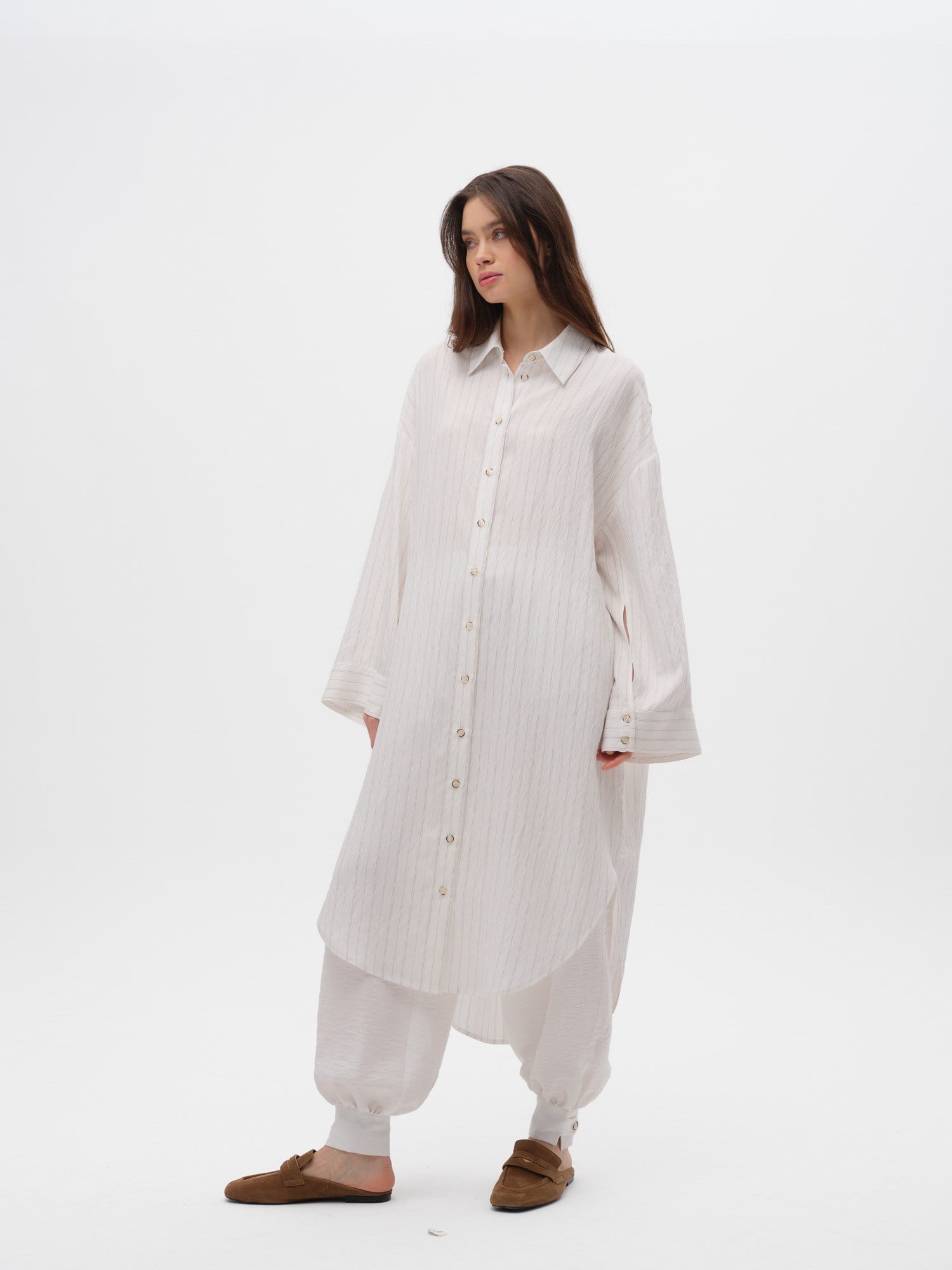 Piarbi Çizgili Uzun Gömlek Tunik - Ekru Camel Stripe Premium Viskon Akışkan Dokulu