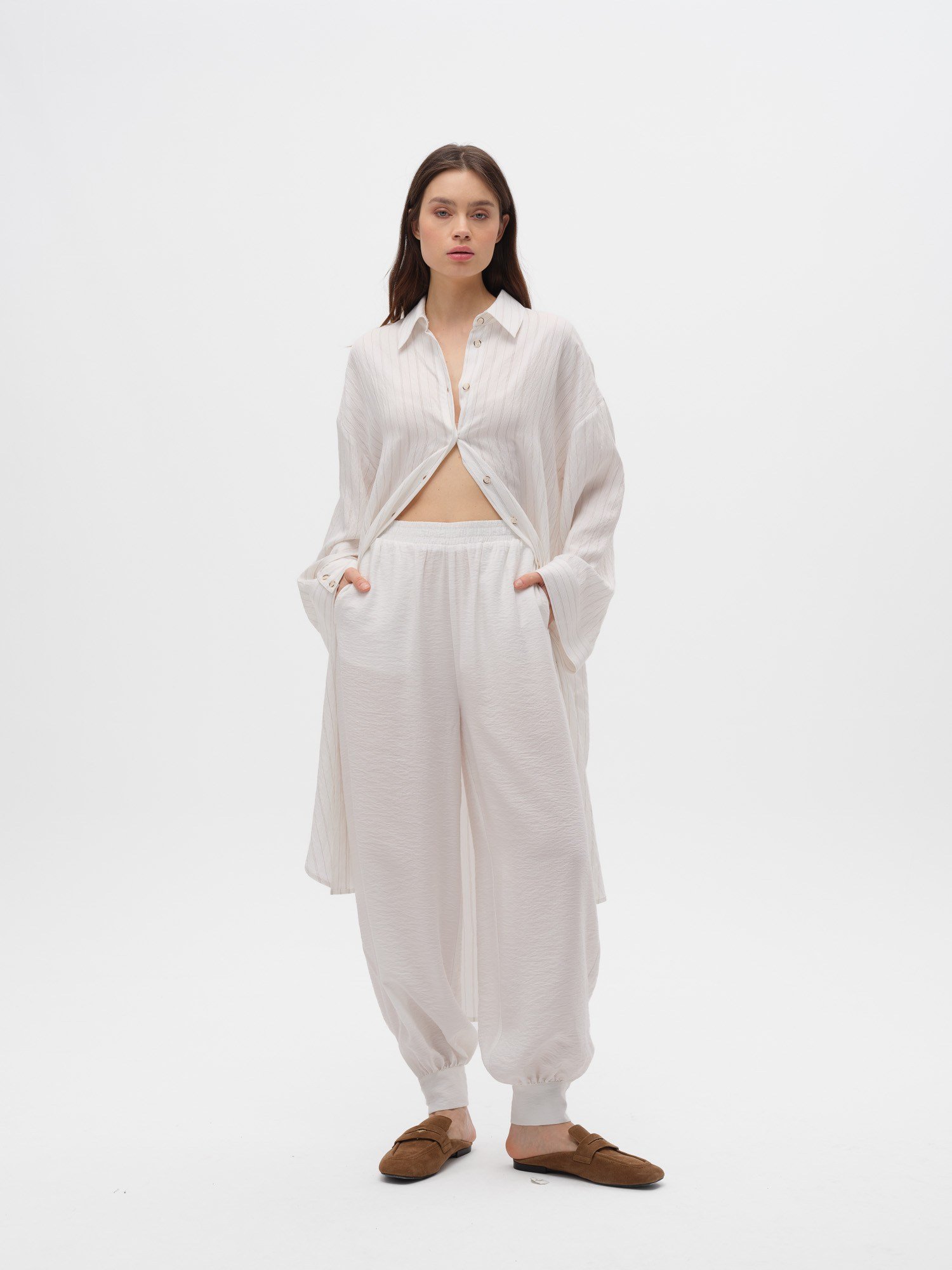 Piarbi Çizgili Uzun Gömlek Tunik - Ekru Camel Stripe Premium Viskon Akışkan Dokulu