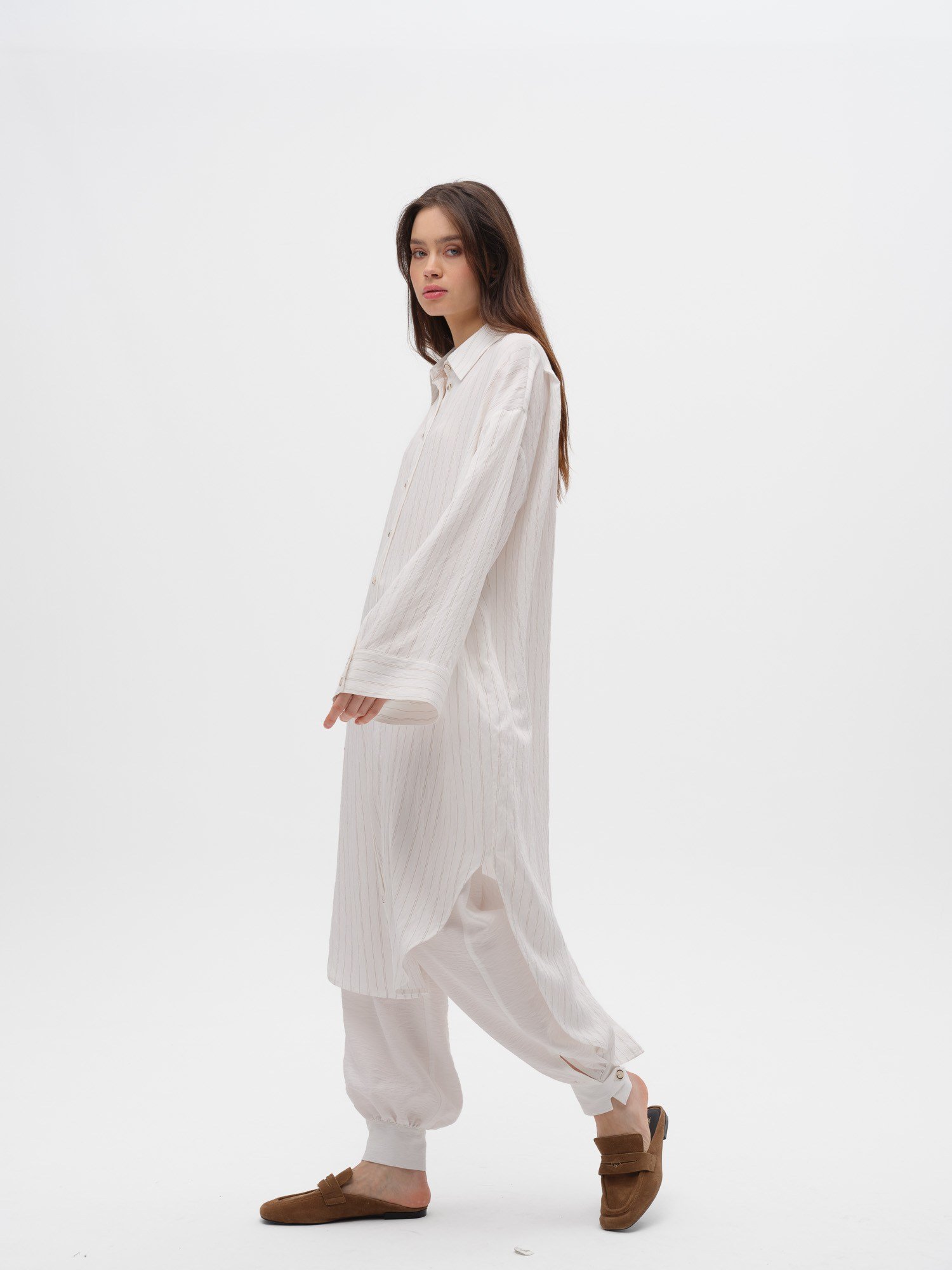Piarbi Çizgili Uzun Gömlek Tunik - Ekru Camel Stripe Premium Viskon Akışkan Dokulu