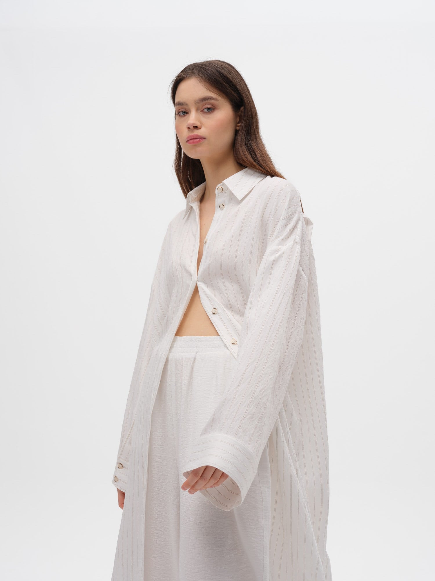 Piarbi Çizgili Uzun Gömlek Tunik - Ekru Camel Stripe Premium Viskon Akışkan Dokulu