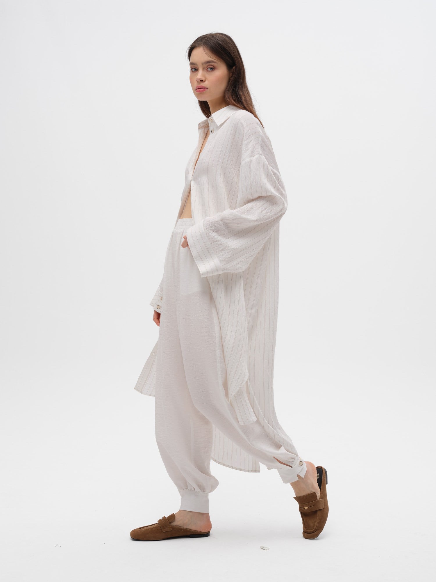 Piarbi Çizgili Uzun Gömlek Tunik - Ekru Camel Stripe Premium Viskon Akışkan Dokulu