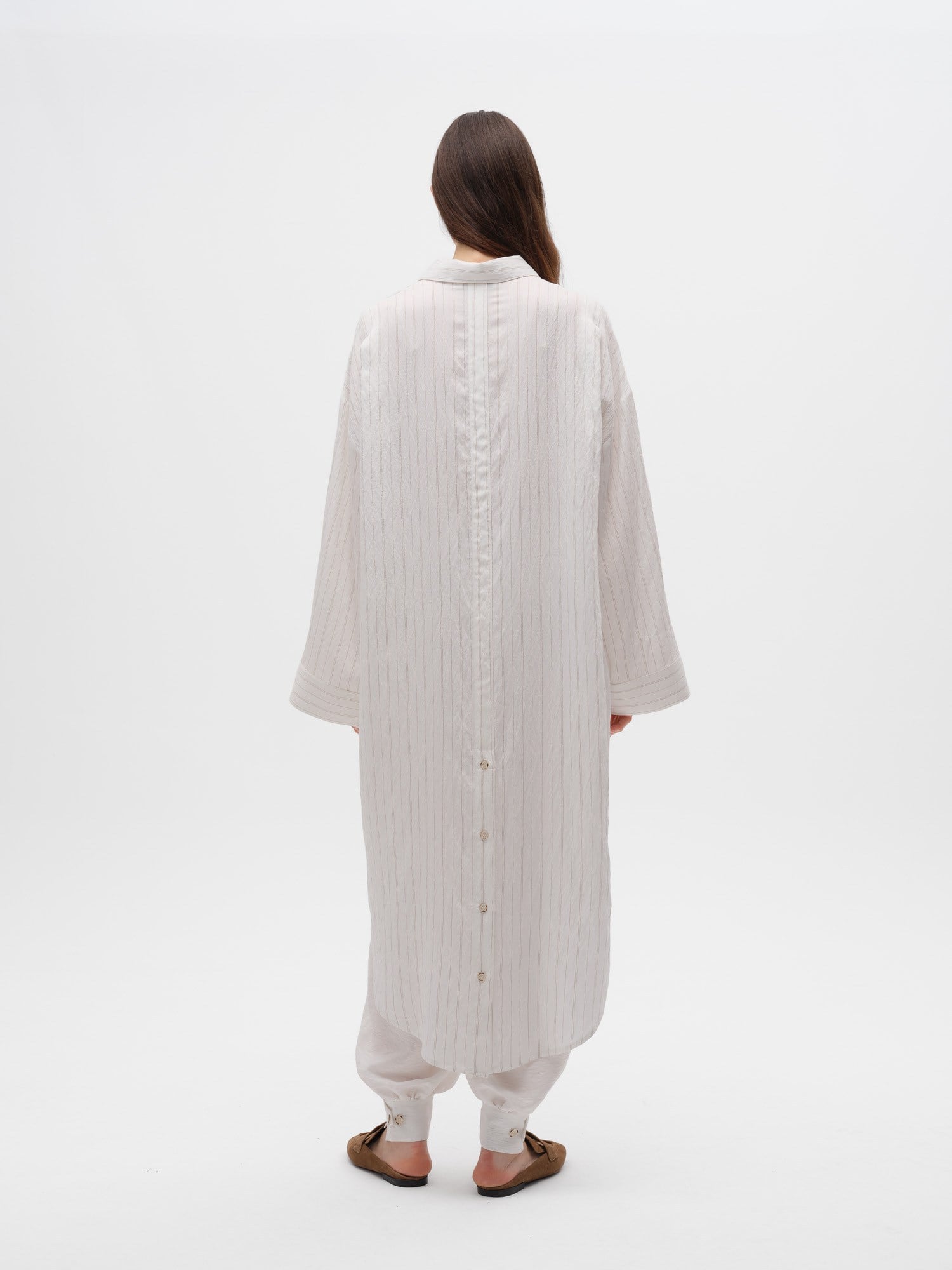Piarbi Çizgili Uzun Gömlek Tunik - Ekru Camel Stripe Premium Viskon Akışkan Dokulu