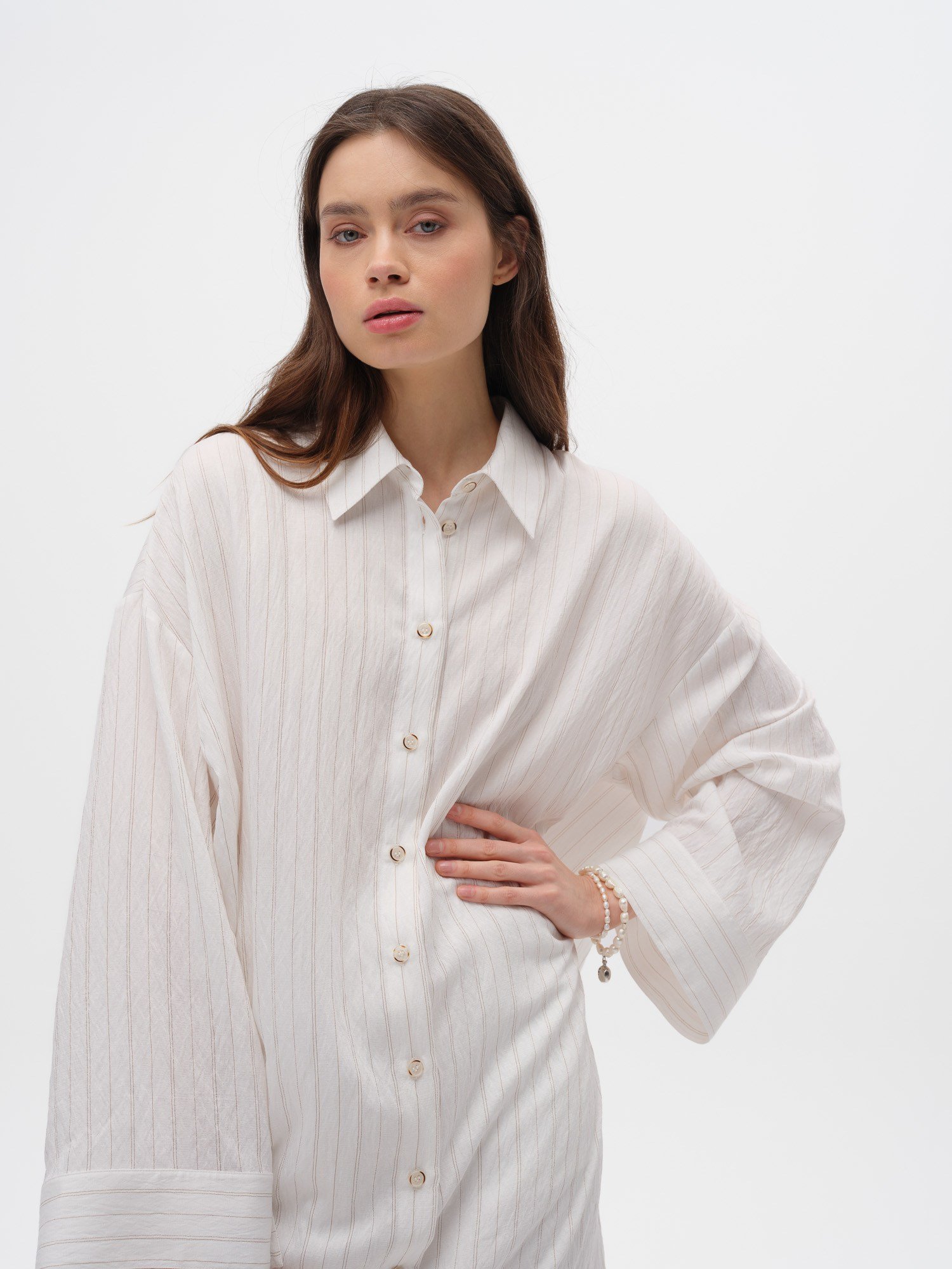 Piarbi Çizgili Uzun Gömlek Tunik - Ekru Camel Stripe Premium Viskon Akışkan Dokulu