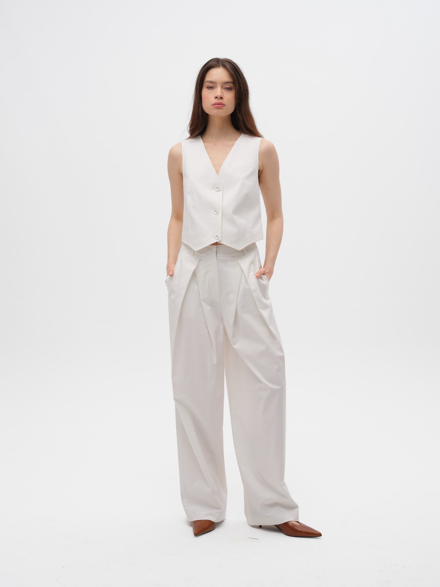 Piarbi Clean Look Minimalist Yelek - Off White Pamuk Modal Karışımlı Premium Tasarım Vest | Yalın Kesim Lüks Kadın Üst Giyim Koleksiyonu