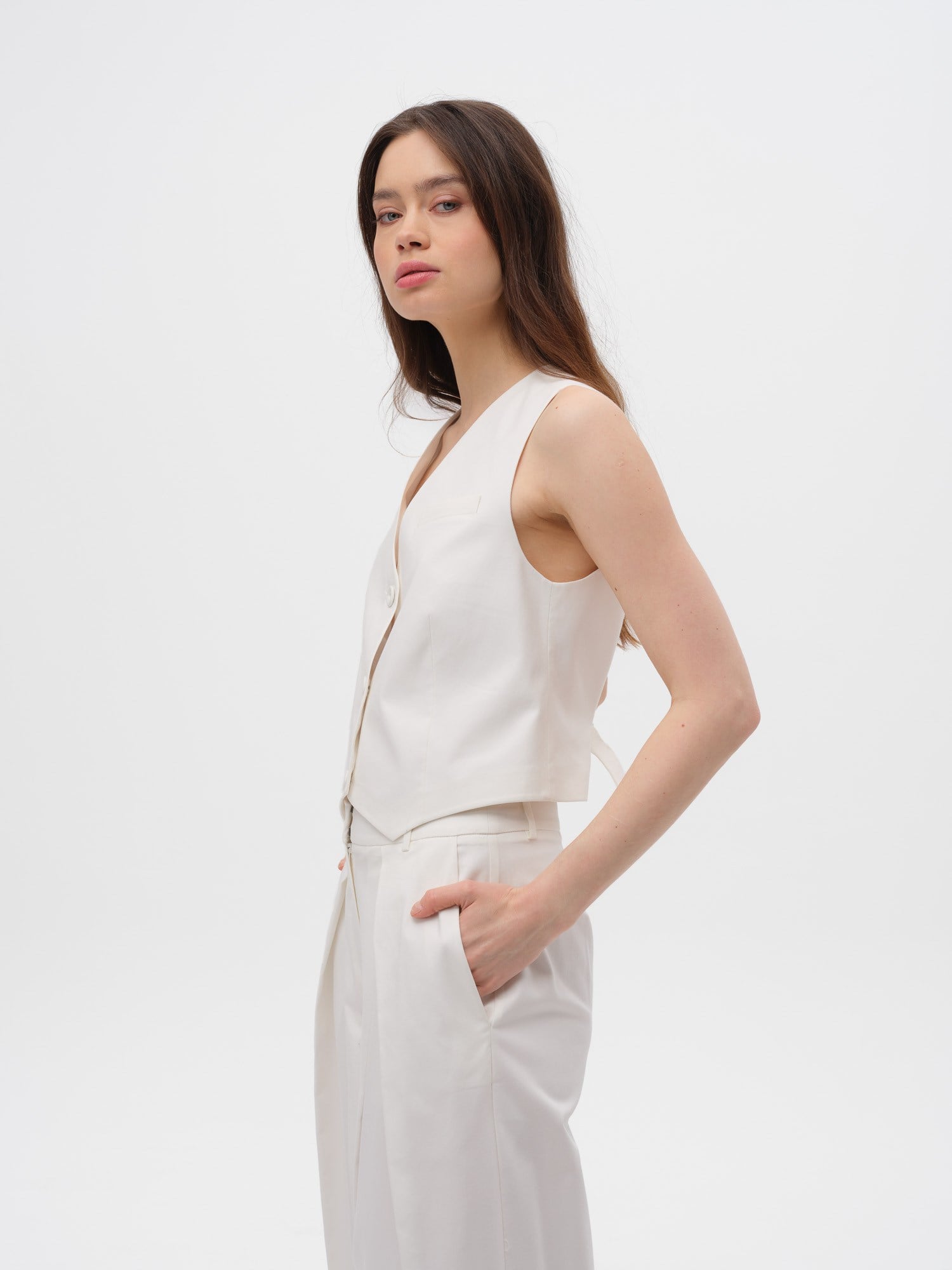 Piarbi Clean Look Minimalist Yelek - Off White Pamuk Modal Karışımlı Premium Tasarım Vest | Yalın Kesim Lüks Kadın Üst Giyim Koleksiyonu